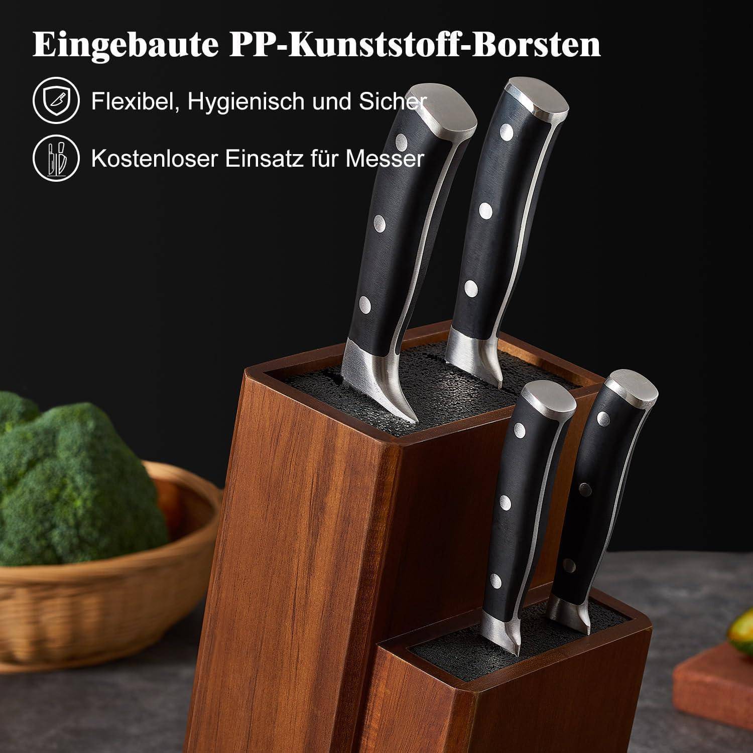 Ein Messerblock mit vier Messern auf einer Arbeitsplatte, begleitet von deutschem Text, der flexible, hygienische Küchenutensilien mit kostenloser Messernutzung bewirbt.