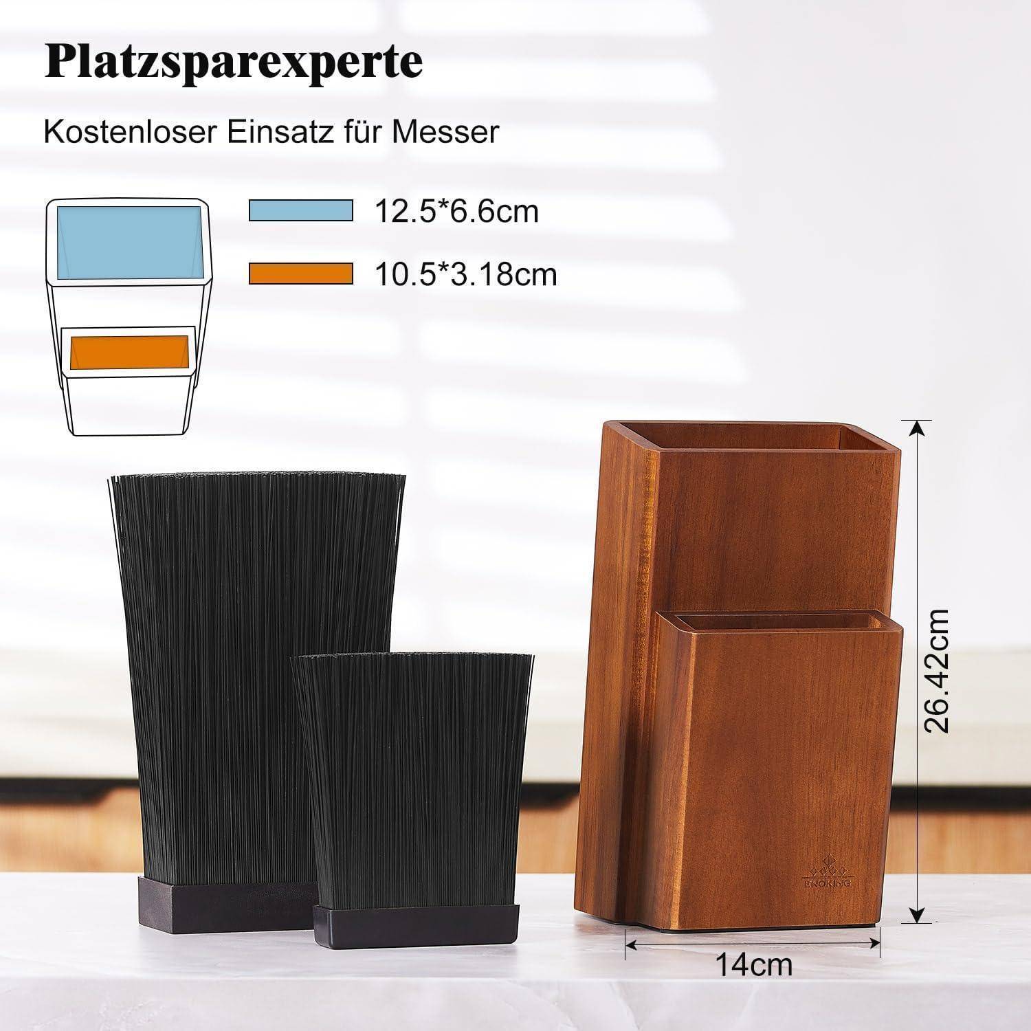 Platzsparer Experte' Messerblock-Set mit Abmessungen und kostenloser Messereinlage. Abmessungen: 26,42 cm hoch, 14 cm breit, Einlagen 12,5 x 6,6 cm und 10,5 x 3,18 cm.