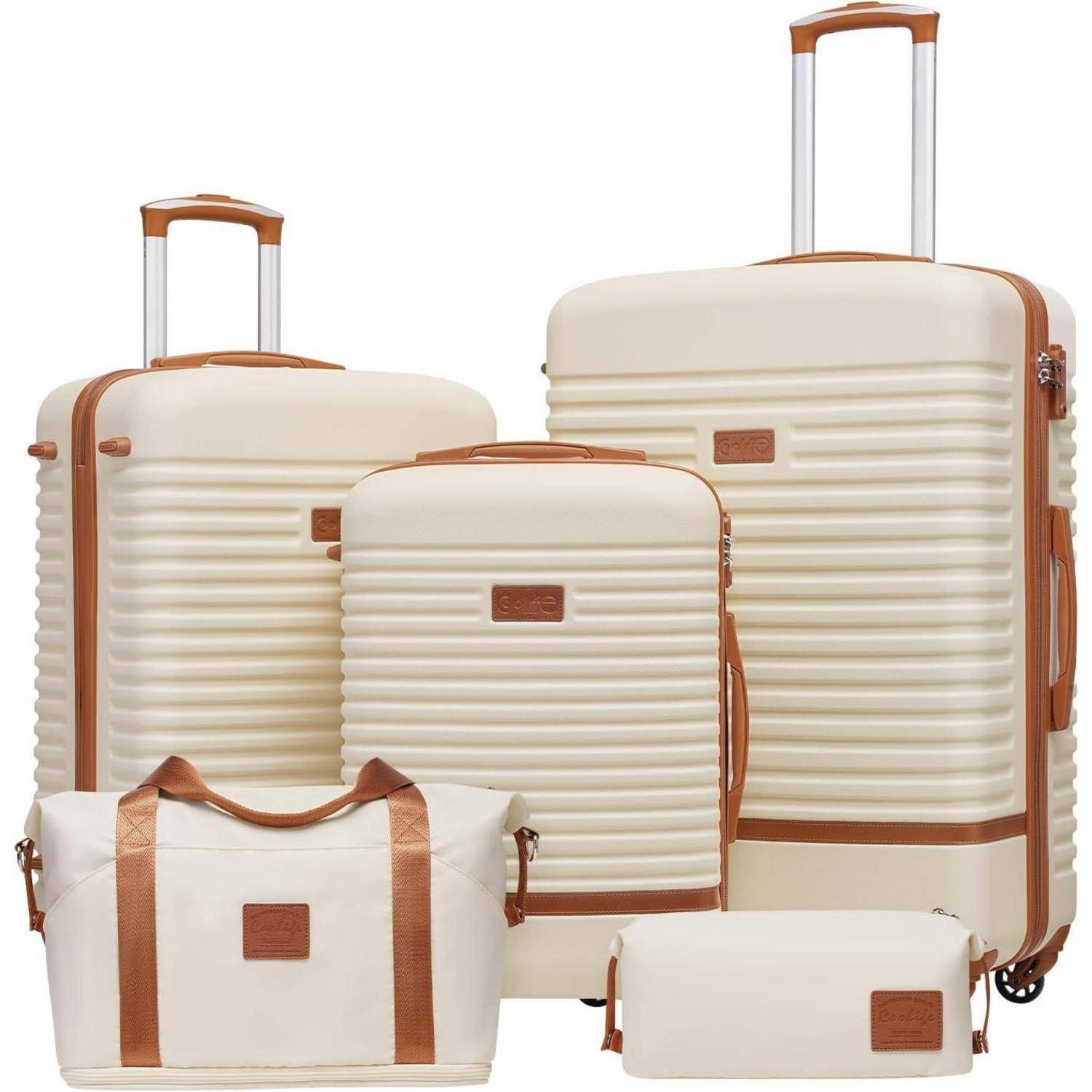 Koffer Trolley Set Hartschalen 4 Rollen TSA-Schloss 5tlg Weiß/Braun