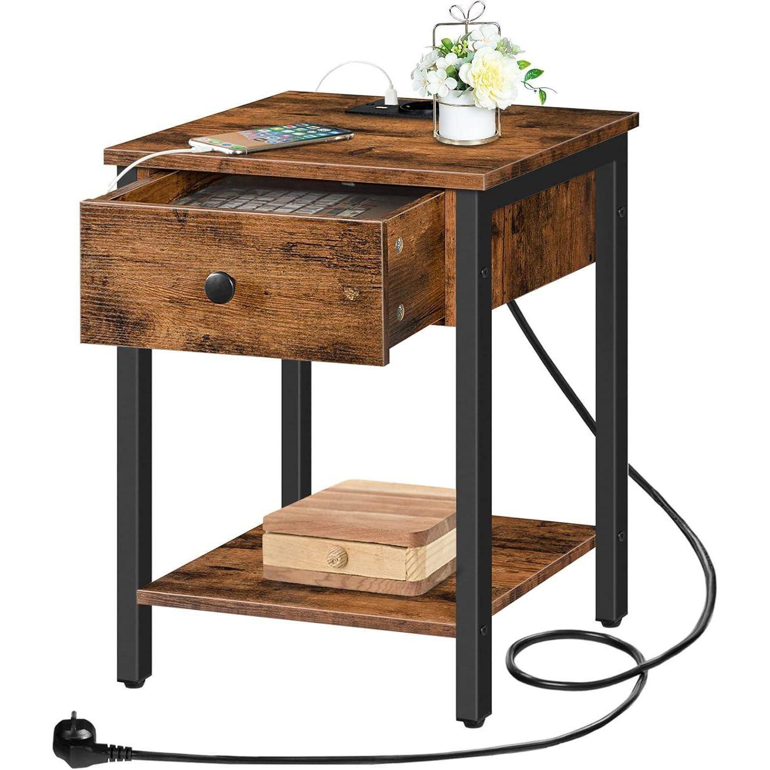 Nachttisch mit Ladestation USB-Anschlüssen Vintagebraun-Schwarz