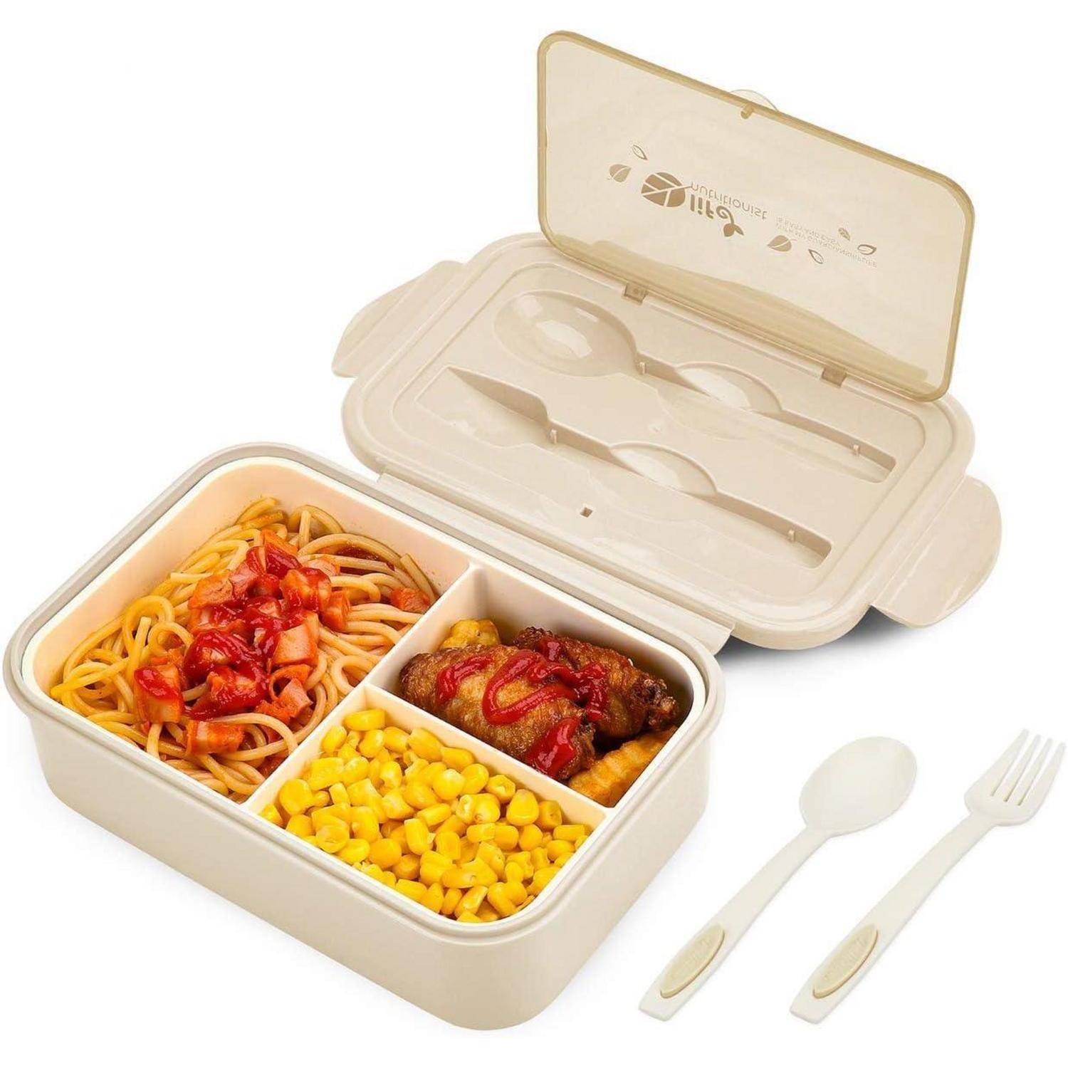 Eine beige Brotdose enthält Spaghetti mit Tomatensauce, Mais und ein Stück Hähnchen mit Ketchup.Inklusive Löffel und Gabel.