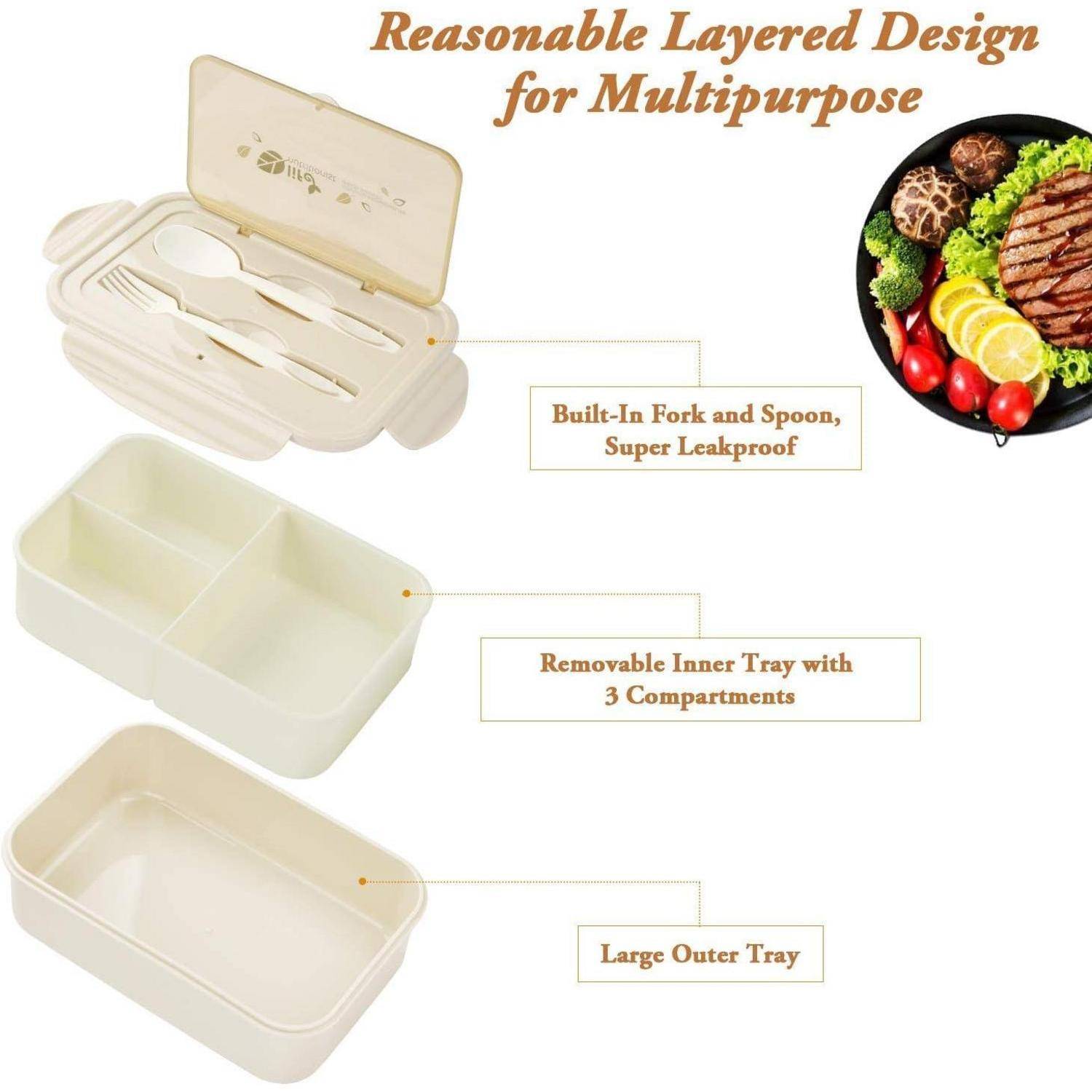 Lunch-Box-Set mit Gabel, Löffel, Tablett und Fächern. Integrierte Bestecke, auslaufsichere Konstruktion und vielseitiges abnehmbares Tablett.