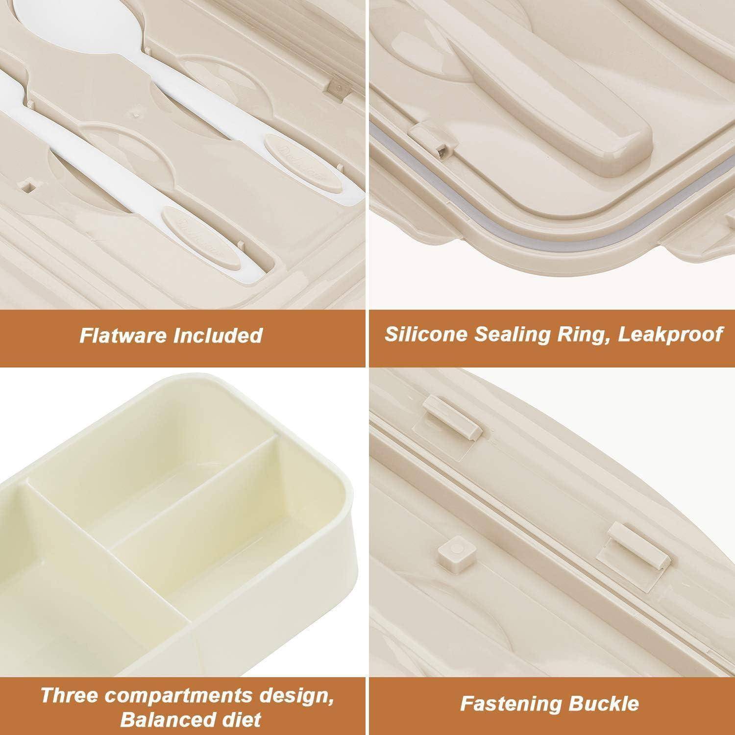 Besteck enthalten, Silikon-Dichtungsring, auslaufsicher, Dreifach-Fach-Design, Ausgewogene Ernährung, Befestigungsschnalle' Merkmale einer beigen Lunchbox.