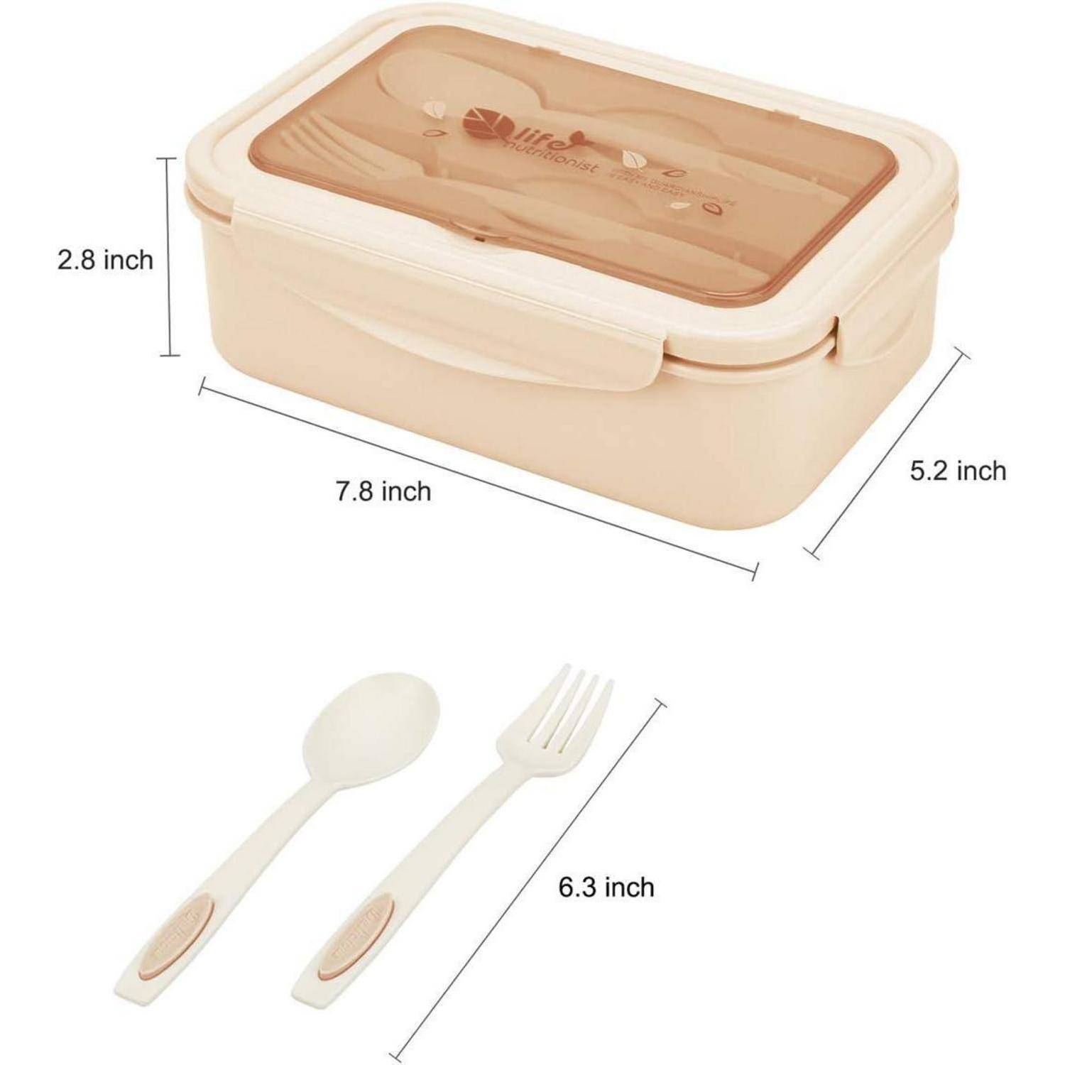 Eine beige Brotdose (19,8 x 13,2 x 7,1 cm) mit transparentem Deckel, auf dem ein rotes 
