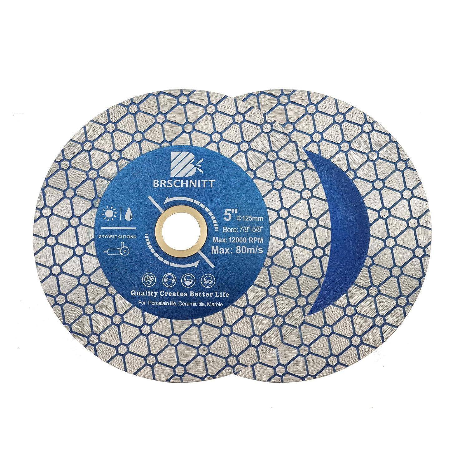 Zwei kreisförmige Diamant-Trennscheiben mit hexagonalem Muster, blauem Zentrum und dem Markennamen 'Brschnitt'. Text gibt Größe und maximale Umdrehungen pro Minute an.