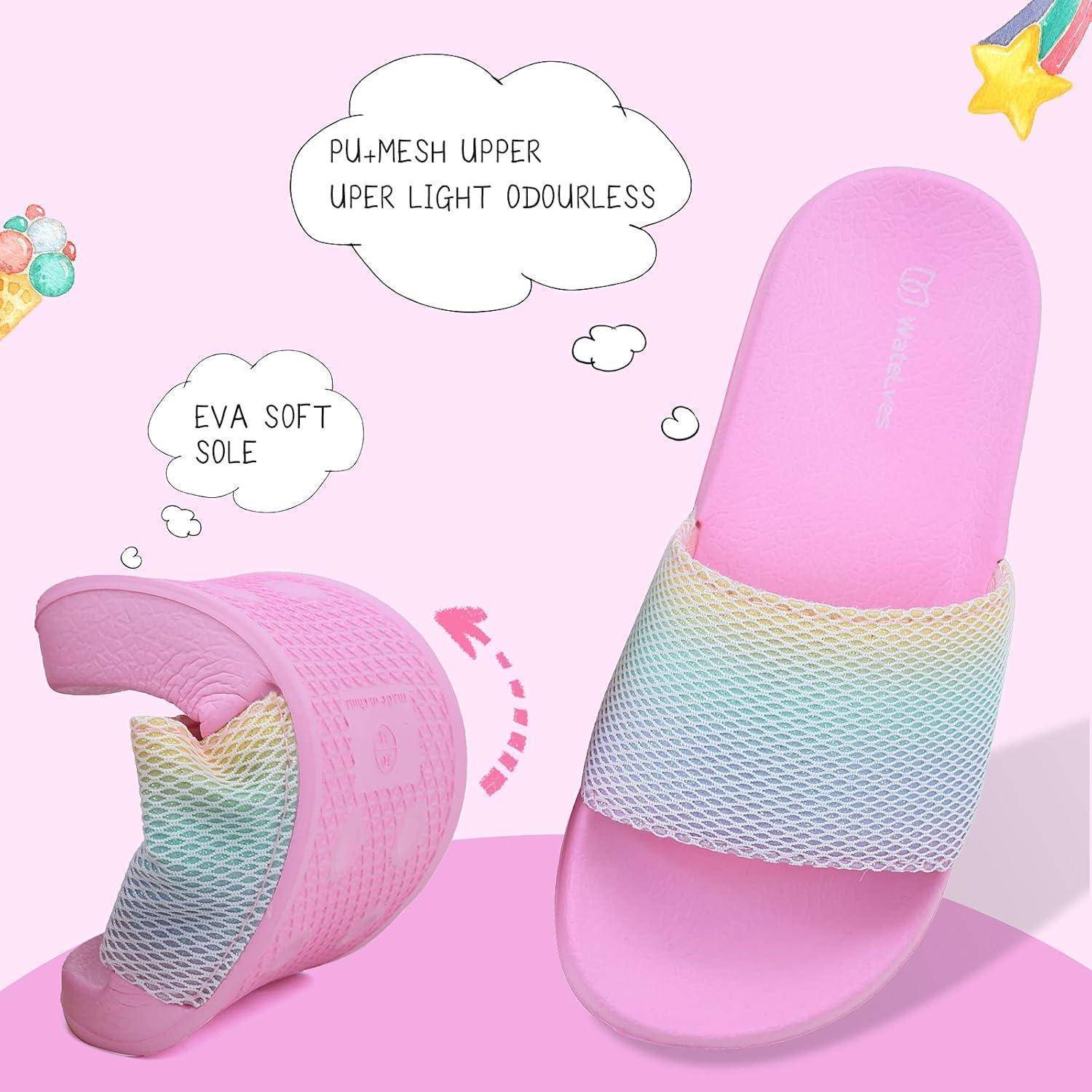 Pinker Slide-Sandalen mit Verlaufsmesh-Obermaterial, versehen mit Textblasen 'PU-Mesh-Obermaterial, super leicht, geruchlos' und 'EVA-Weichsohle'.
