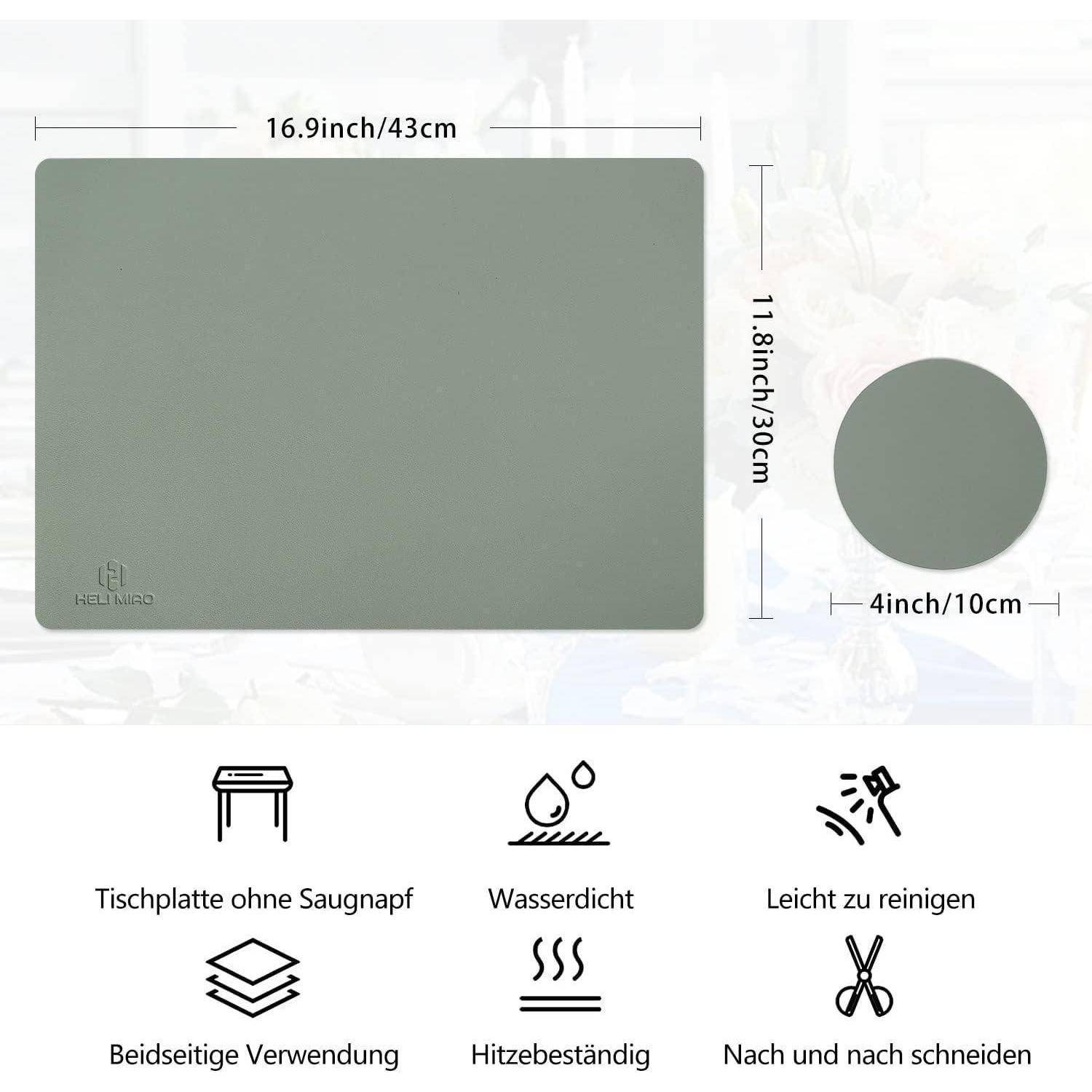 Ein rechteckiges Tischset, 16,9 x 11,8 Zoll, wasserdicht und hitzebeständig. Icons unten zeigen Doppelnutzung, einfache Reinigung und Haltbarkeit.