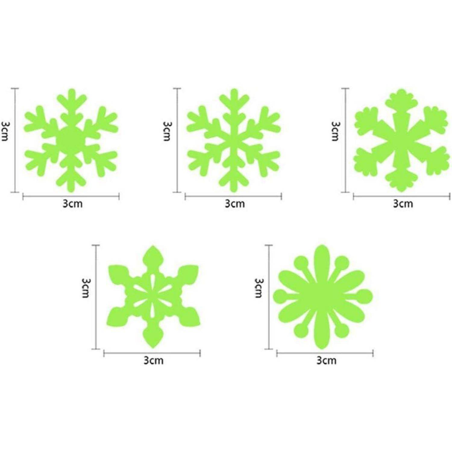 Fünf grüne Schneeflockenformen, jeweils 3 cm groß, in zwei Reihen angeordnet mit Maßangaben.