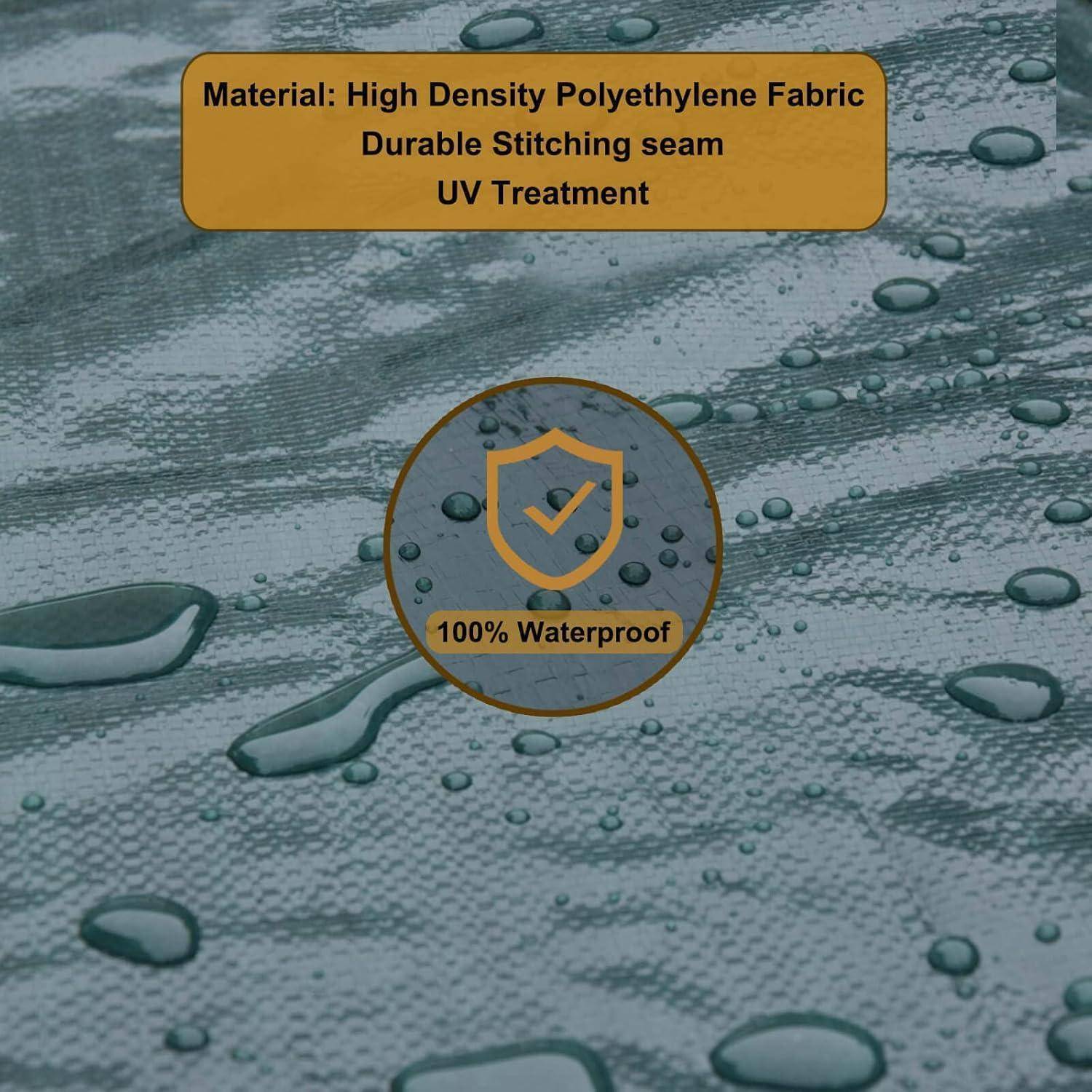 Regentropfen auf strukturierter Oberfläche mit Texteinblendung: 'Material: Hochdichtes Polyethylen-Gewebe, Strapazierfähige Nahtversäuberung, UV-Behandlung, 100% wasserdicht.