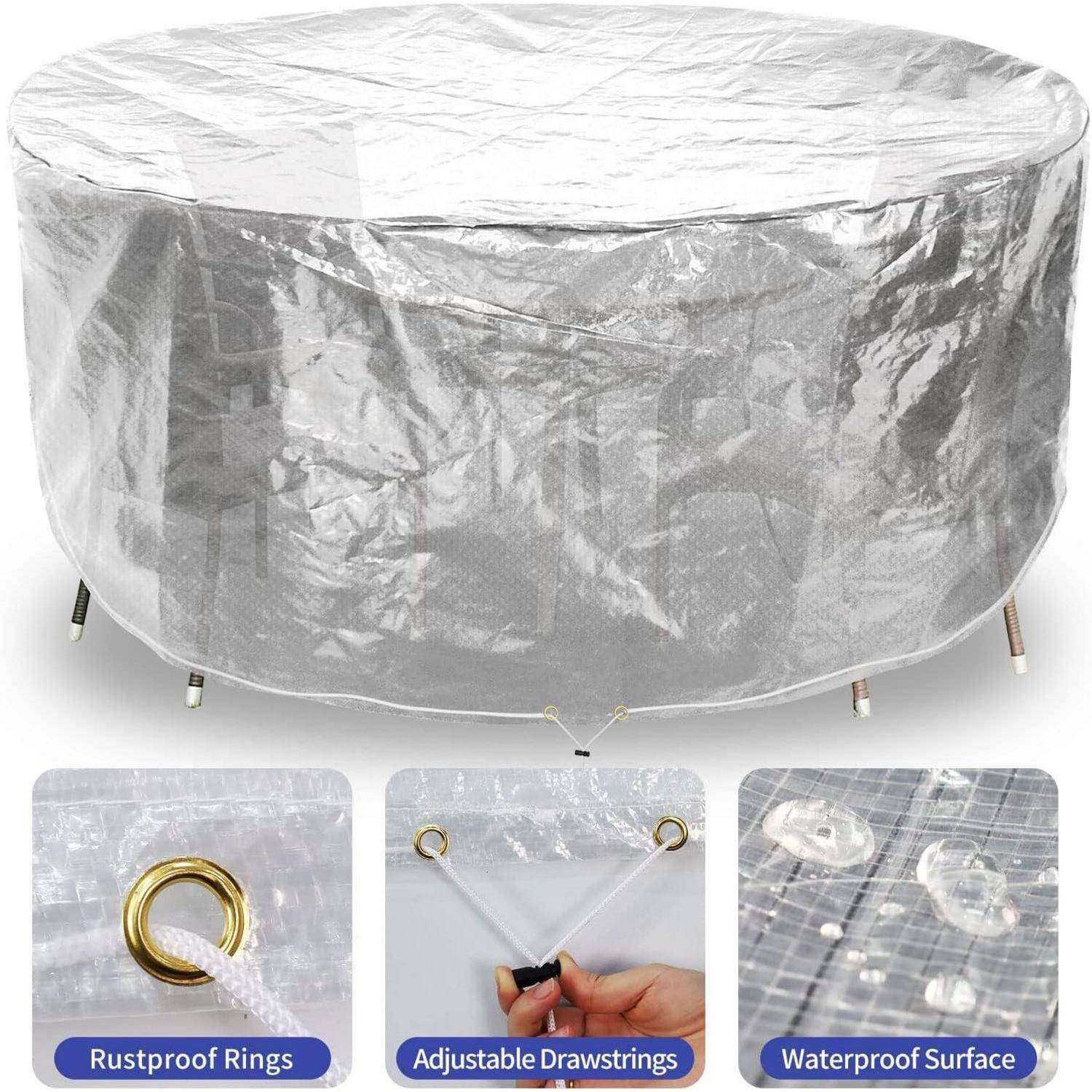 Runde, transparente Gartenmöbel-Abdeckung mit rostfreien Ringen und verstellbaren Kordelzügen. Bietet eine wasserdichte Oberfläche zum Schutz vor Witterungseinflüssen.