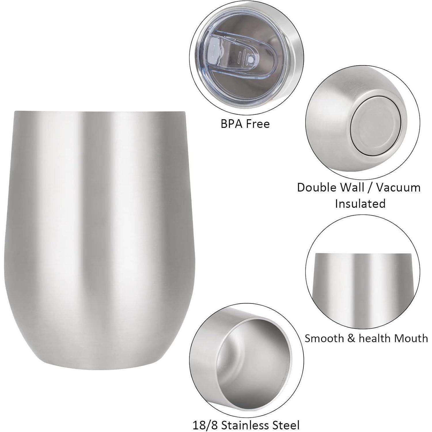 Edelstahl-Becher mit Deckel, gekennzeichnet mit den Merkmalen: BPA-frei, doppelwandig/vakuumisoliert, glatte Gesundheitsöffnung, 18/8 Edelstahl.