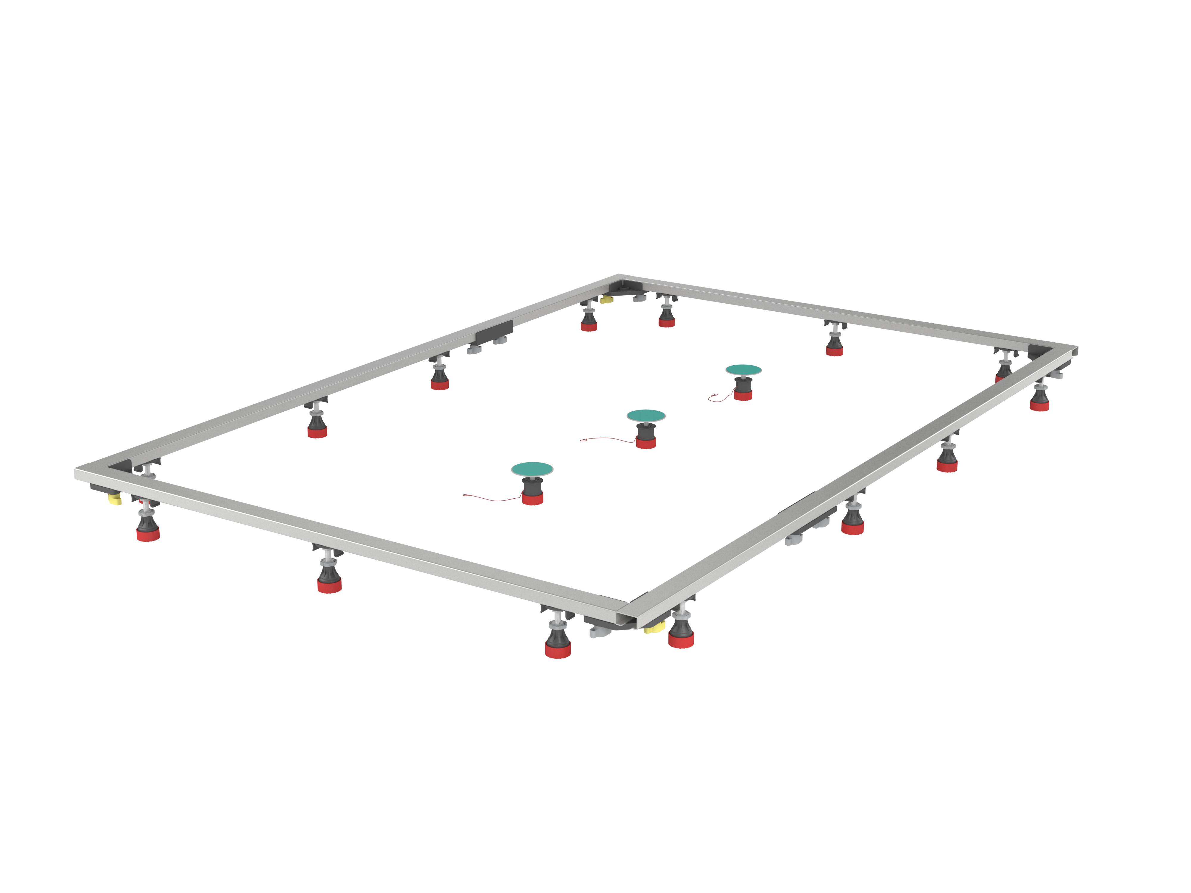 Ein flacher Metallrahmen mit verstellbaren Füßen an jeder Ecke und entlang der Seiten, der zum Abstützen von Konstruktionen oder Ausrüstung konzipiert ist.