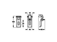 Skizze eines Klemmechanismus mit drei Ansichten: Vorderansicht, Seitenansicht und Draufsicht. Abmessungen beschriftet: Höhe 105, Breite 40, Tiefe 60 mm.