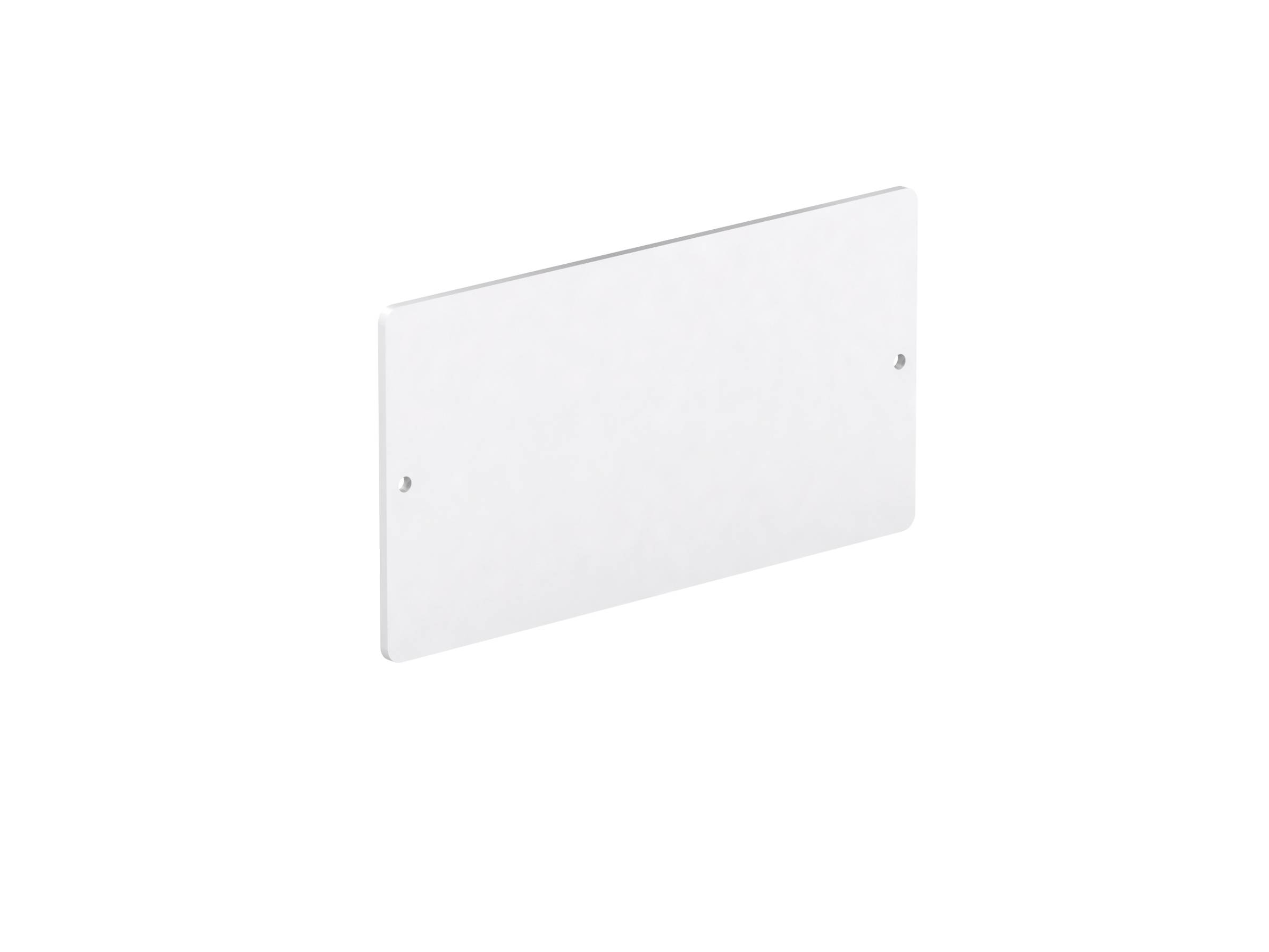 Eine leere weiße horizontale Platte mit zwei Schraubenöffnungen, die wie eine Abdeckplatte oder ein Platzhalter für wandmontierte Armaturen oder Schalter aussieht.