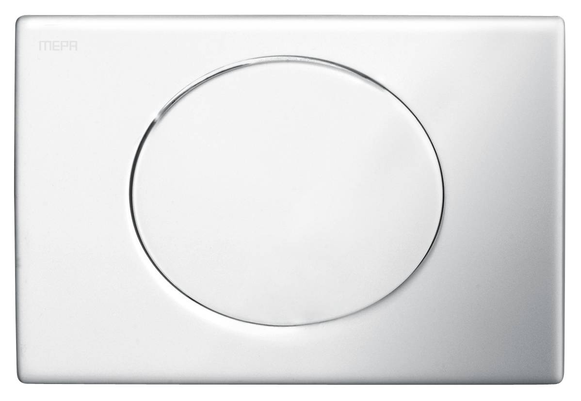 Ein kreisförmiger Metallknopf oder Gegenstand auf einer flachen, weißen Oberfläche, möglicherweise Teil eines Geräts oder einer Vorrichtung mit minimalistischem Design.