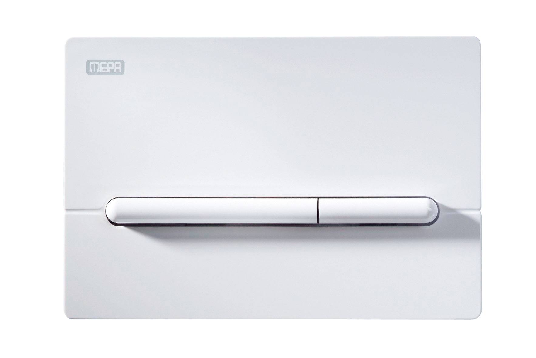 Eine rechteckige, horizontale weiße Betätigungsplatte mit zwei Tasten vor einem weißen Hintergrund, mit dem Wort 'MEPA' in der linken oberen Ecke.
