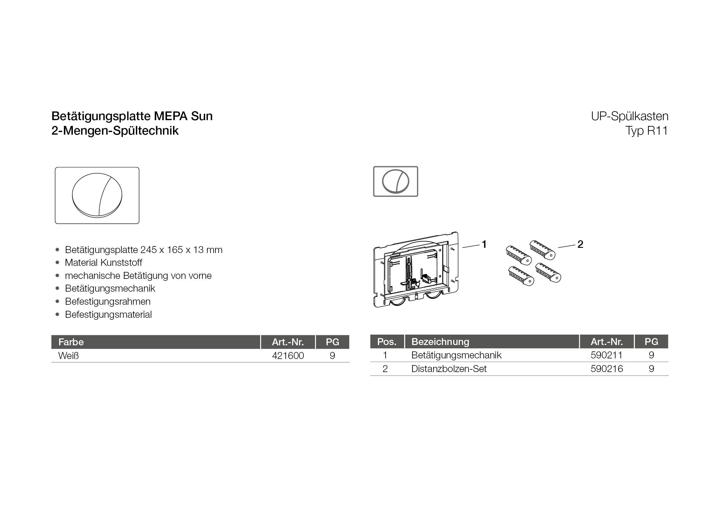 Montageplatte MEPA Sun' Diagram mit Bauteilen und Nummern für die Montage. Artikelliste: 1 - 'Montageplatte', 2 - 'Distanzbolzen-Set'.