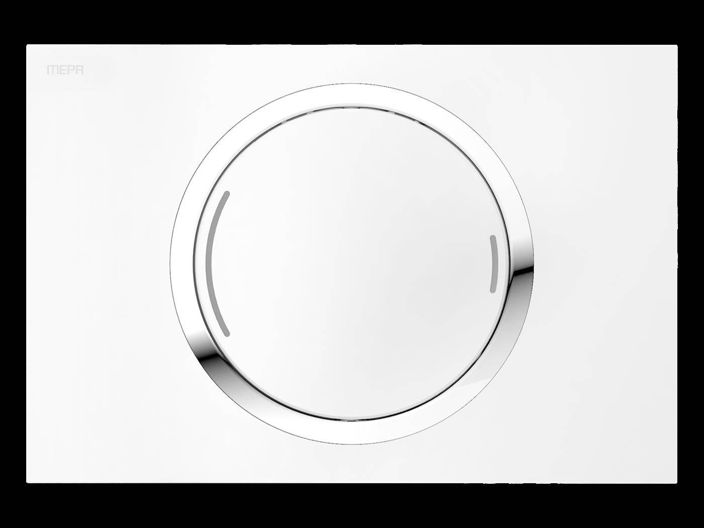 Minimalistisches weißes Bedienfeld für Geräte mit einem großen kreisförmigen Drehknopf oder Knopf in der Mitte und kleinen gekrümmten Markierungen auf jeder Seite.