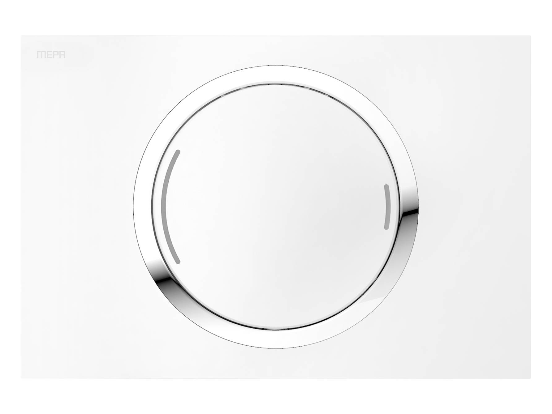 Ein kreisförmiges metallisches Zifferblatt auf weißem Hintergrund mit minimalistischem Design und zwei kleinen vertikalen Markern an gegenüberliegenden Enden.