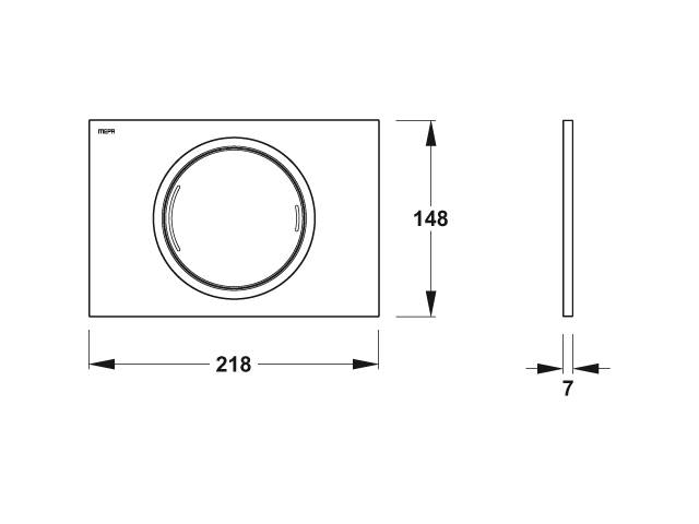 Eine Skizze eines wandmontierten Bedienfelds mit Abmessungen: 218 mm Breite, 148 mm Höhe und 7 mm Tiefe. Ausgestattet mit einem zentralen kreisförmigen Drehregler.
