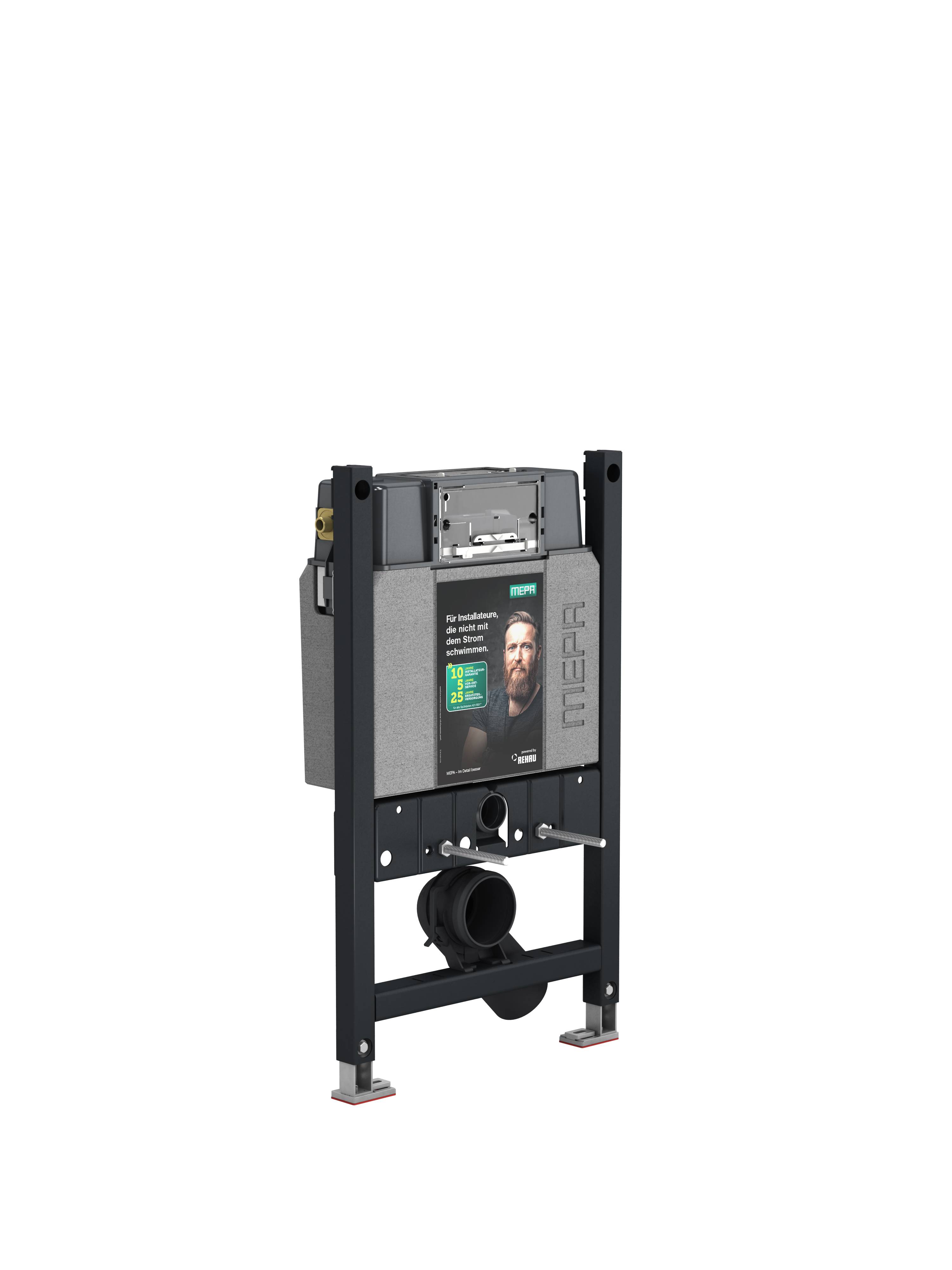 Ein gerahmter Metallaufbau mit einem montierten rechteckigen Tank, der ein Poster eines Mannes auf der Vorderseite trägt und die Markenbezeichnung 