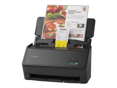 Ein schwarzer Desktop-Scanner mit einem automatischen Dokumenteneinzug, der einen bunten Rezeptflyer für 
