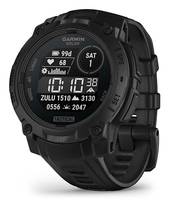 Schwarze Garmin Solar-Digitaluhr für Sportler mit rundem Display, das Uhrzeit, Datum, Batterie, Herzfrequenz und Aktivitätsstatistiken auf weißem Hintergrund anzeigt.