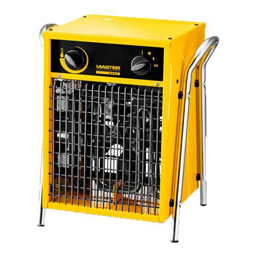 Ein gelber tragbarer industrieller Heizlüfter mit zwei Einstellungsdrehreglern, ausgestattet mit einem Metallschutzgitter und Griffen für einfachen Transport.
