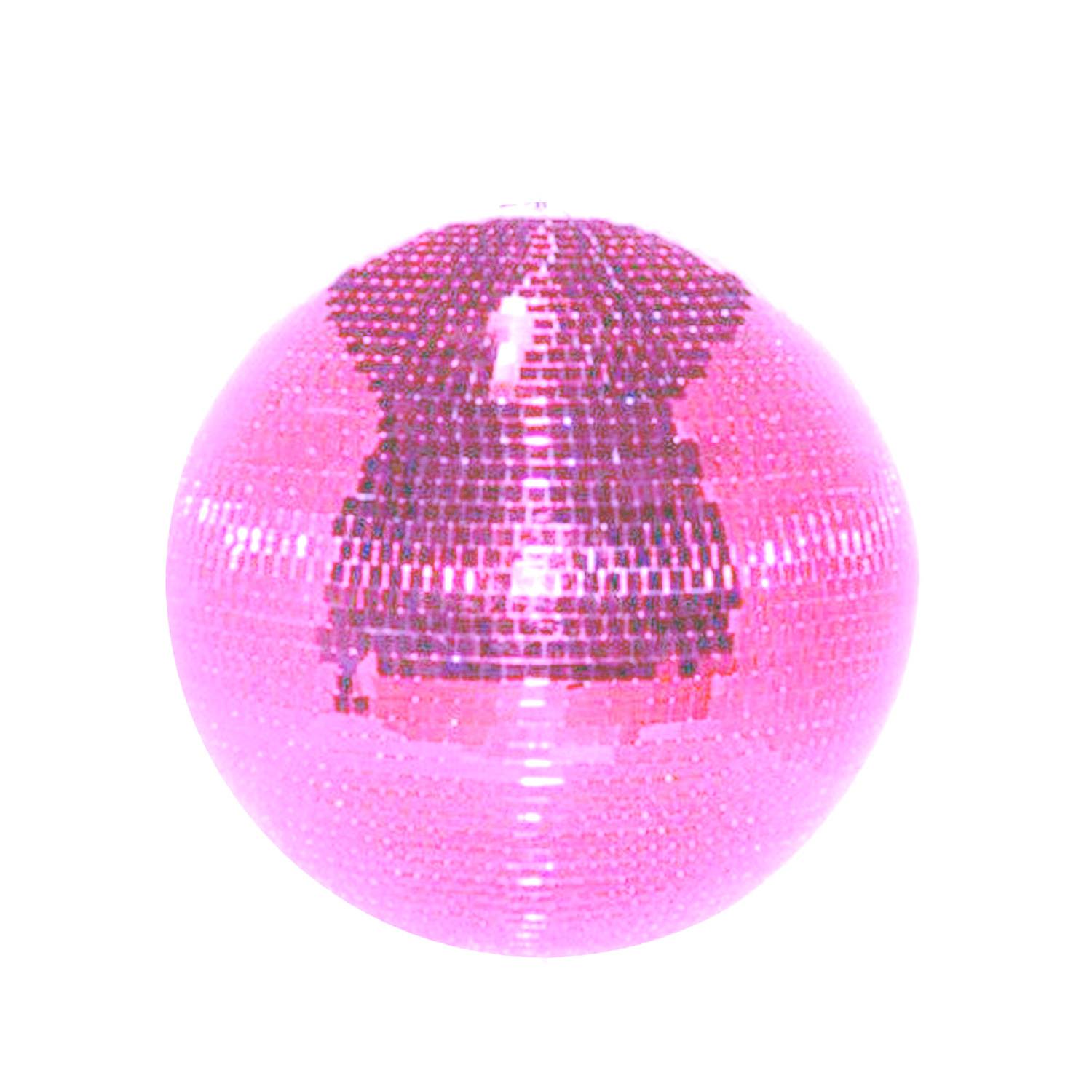 Eine glänzende rosa Discokugel mit reflektierenden Fliesen, die Licht einfängt und verstreut.
