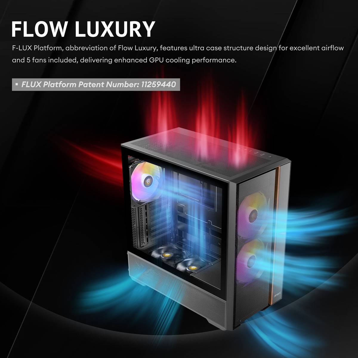 Ein Computergehäuse mit transparentem Seitenpanel zeigt die Luftzirkulation mit farbigen Pfeilen. Der Text „FLOW LUXURY