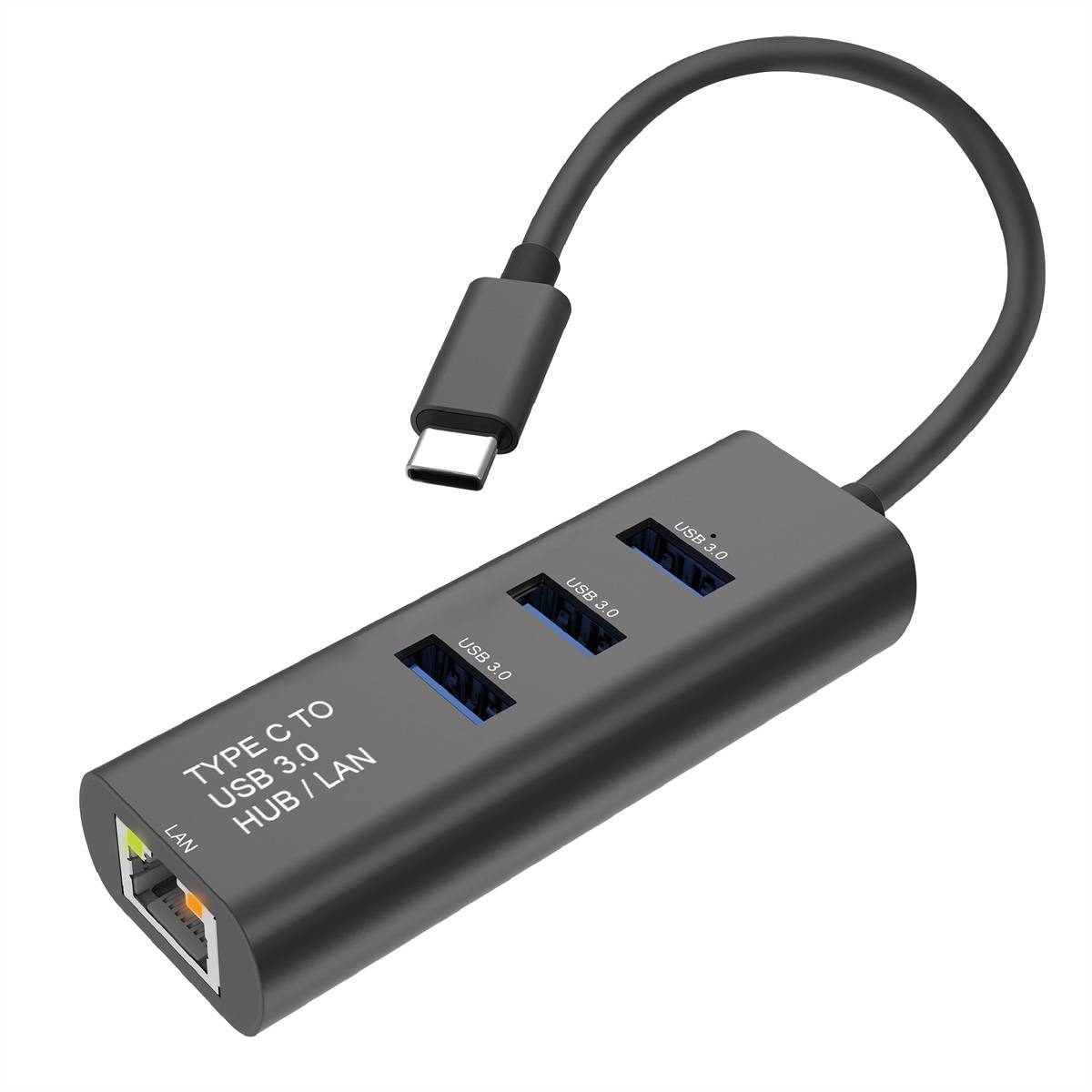 Ein schwarzer USB-C zu USB 3.0 Hub verfügt über drei USB-Anschlüsse und einen Ethernet-Anschluss, beschriftet mit „TYPE C TO USB 3.0 HUB/ LAN