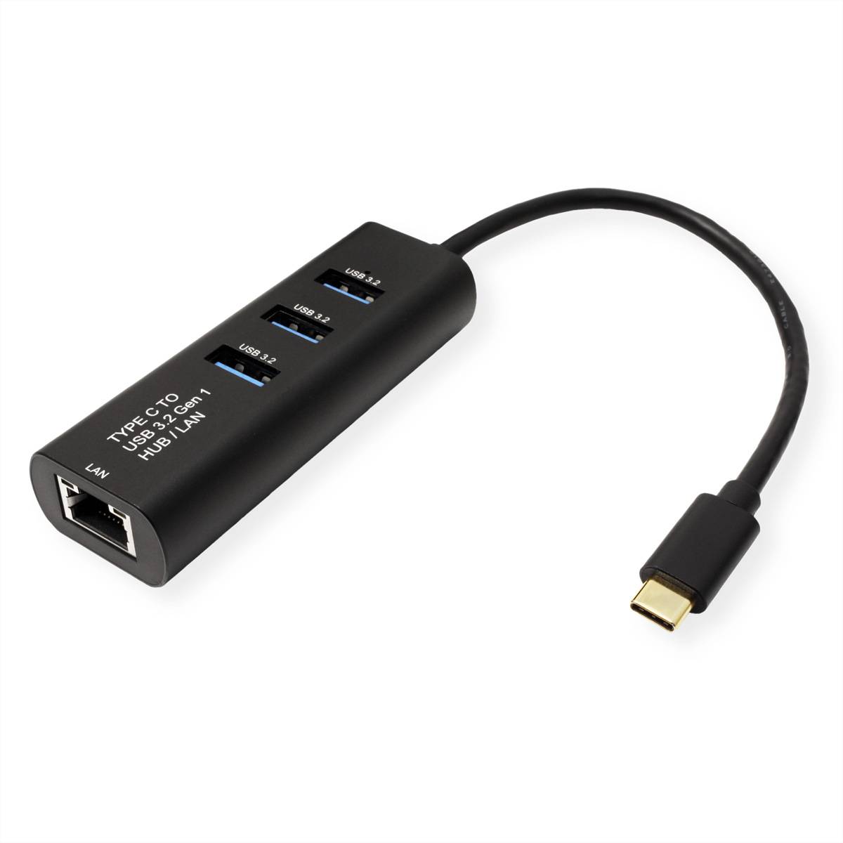 Ein schwarzer Type-C zu Ethernet- und USB-3.0-Hub-Adapter mit drei mit „USB 3.0