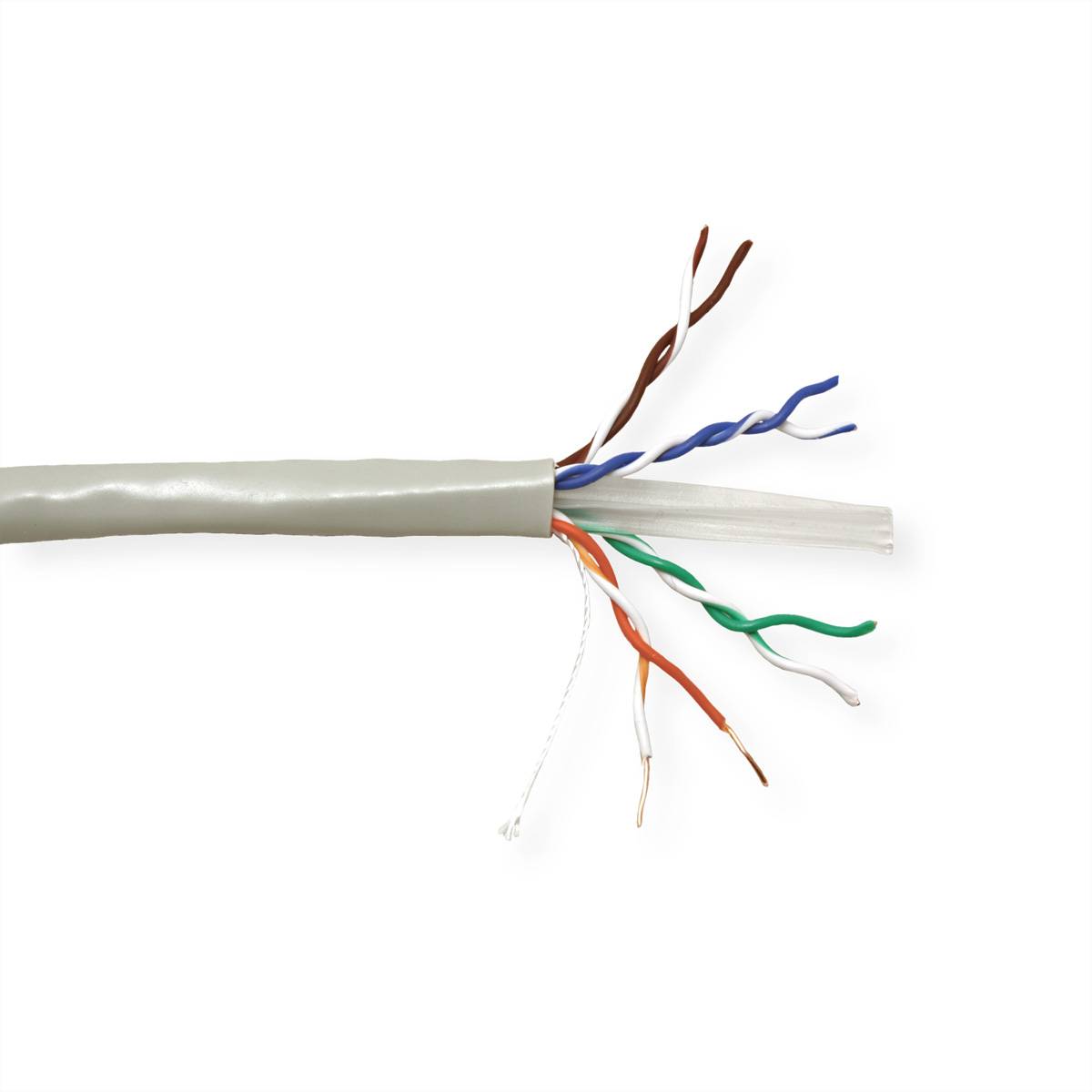 Ein graues, abgeschirmtes Ethernet-Kabel ist zu sehen, wobei acht farbige Adern (braun, blau, grün, orange und weiß) freigelegt und verdrillt sind.