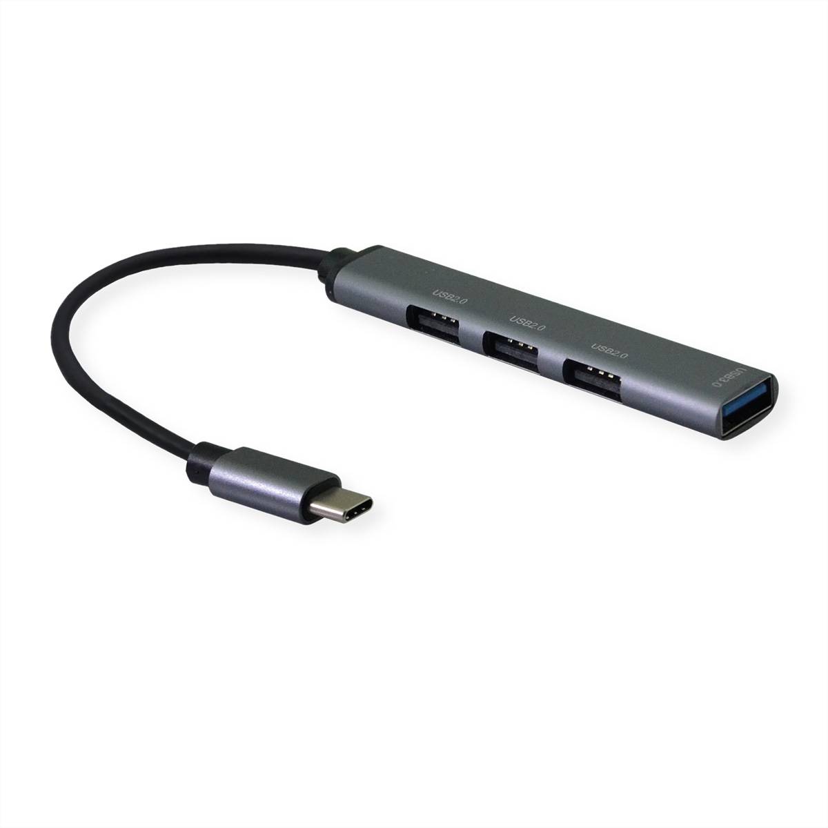 Ein schlanker USB-C-Hub mit einem USB-C-Anschluss, drei USB-A-Anschlüssen und einem HDMI-Anschluss, entwickelt zum Anschluss mehrerer Geräte an einen Laptop.