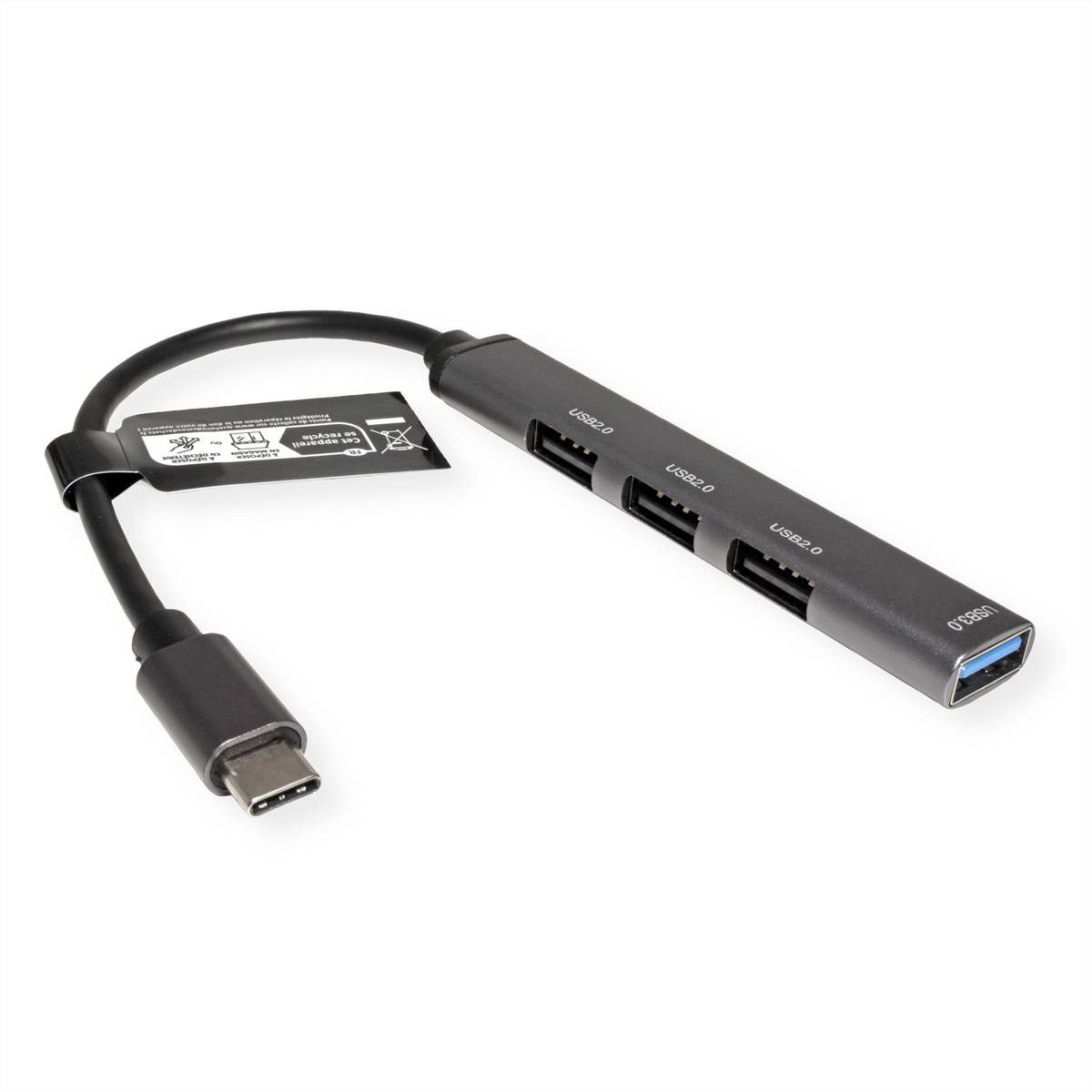 Ein schlanker USB-C-Hub mit drei USB-3.0-Anschlüssen und einem USB-C-Anschluss, angeschlossen an ein Kabel mit einem USB-C-Stecker, vor weißem Hintergrund.