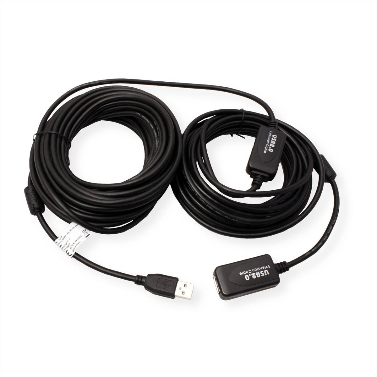 Zwei gekordelte USB 2.0 Verlängerungskabel, jeweils mit männlichem und weiblichem Anschluss, entwickelt zur Erweiterung der Reichweite von USB-Geräten.