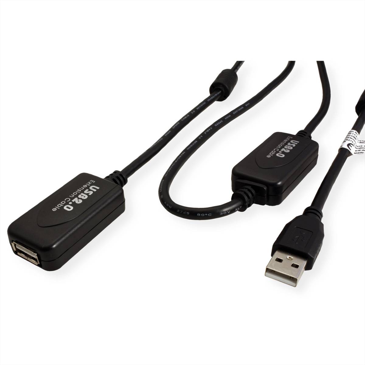 Ein USB 2.0 aktives Repeaterkabel mit männlichem USB-Stecker auf der einen und weiblichem USB-Anschluss auf der anderen Seite, entwickelt zur Erweiterung der Verbindungsdistanz.