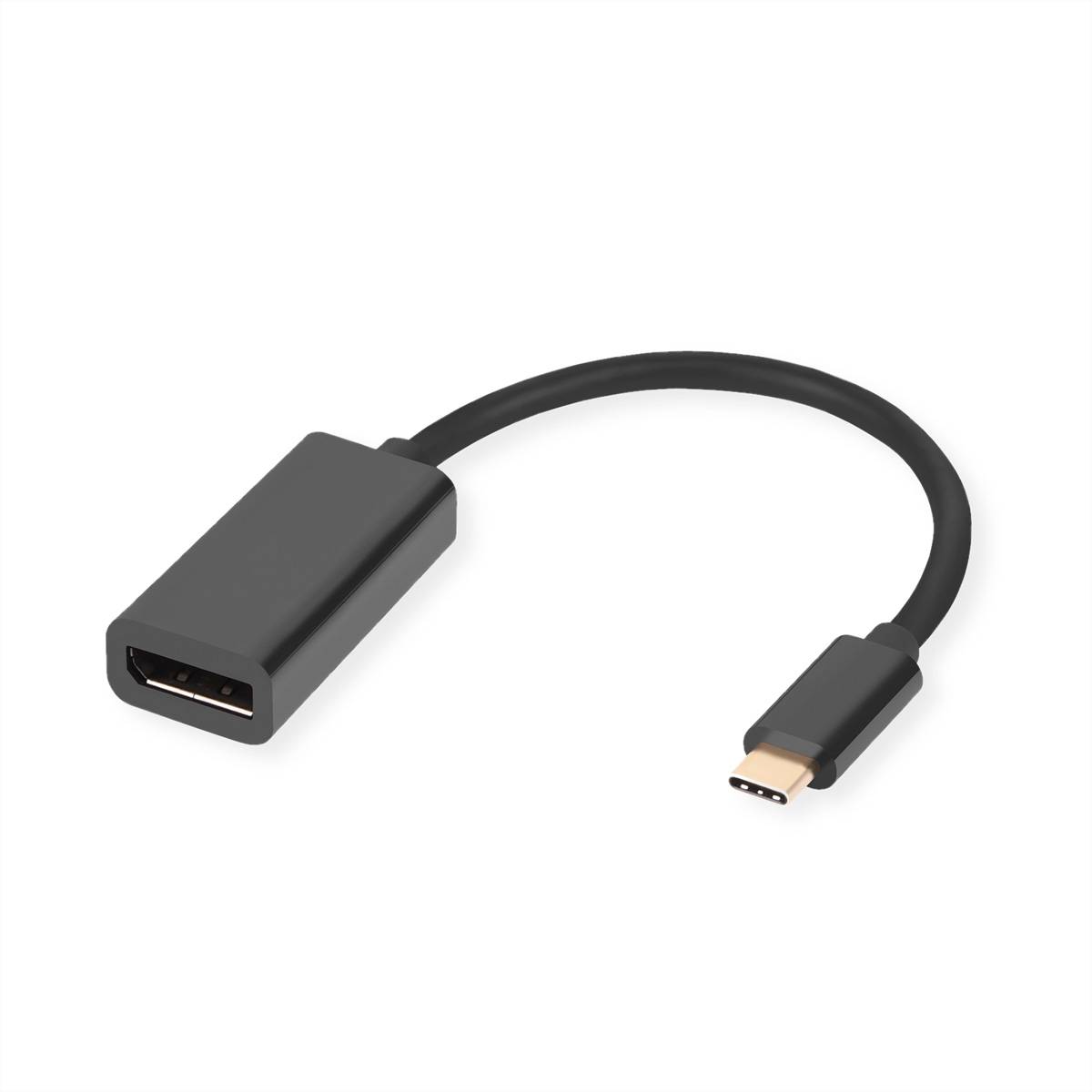 Ein schwarzes HDMI zu USB-C Adapterkabel mit einem kurzen, flexiblen Kabel und Anschlüssen an jedem Ende, das zum Verbinden von Geräten verwendet wird.