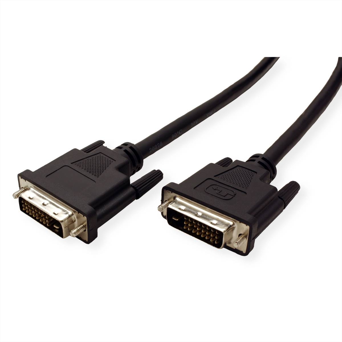 Zwei DVI-Kabel mit rechteckigen Steckern und mehreren Pins, die parallel zueinander auf einem weißen Hintergrund liegen und für Videoverbindungen verwendet werden.