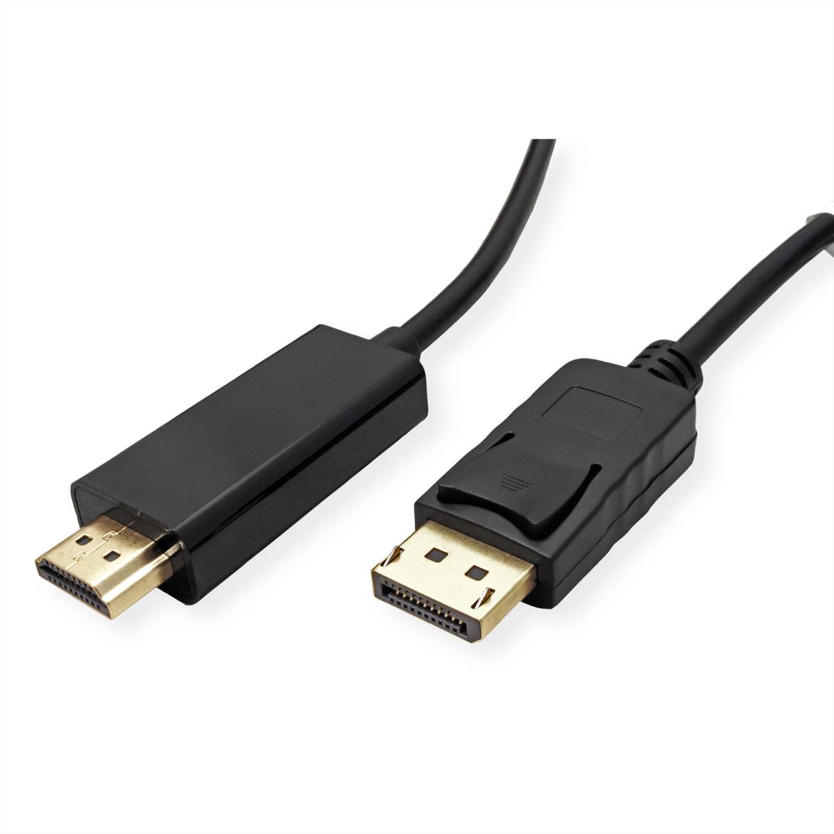 Ein schwarzes HDMI-Kabel mit vergoldeten Anschlüssen an beiden Enden, das zur Übertragung von Video- und Audiosignalen zwischen Geräten verwendet wird.