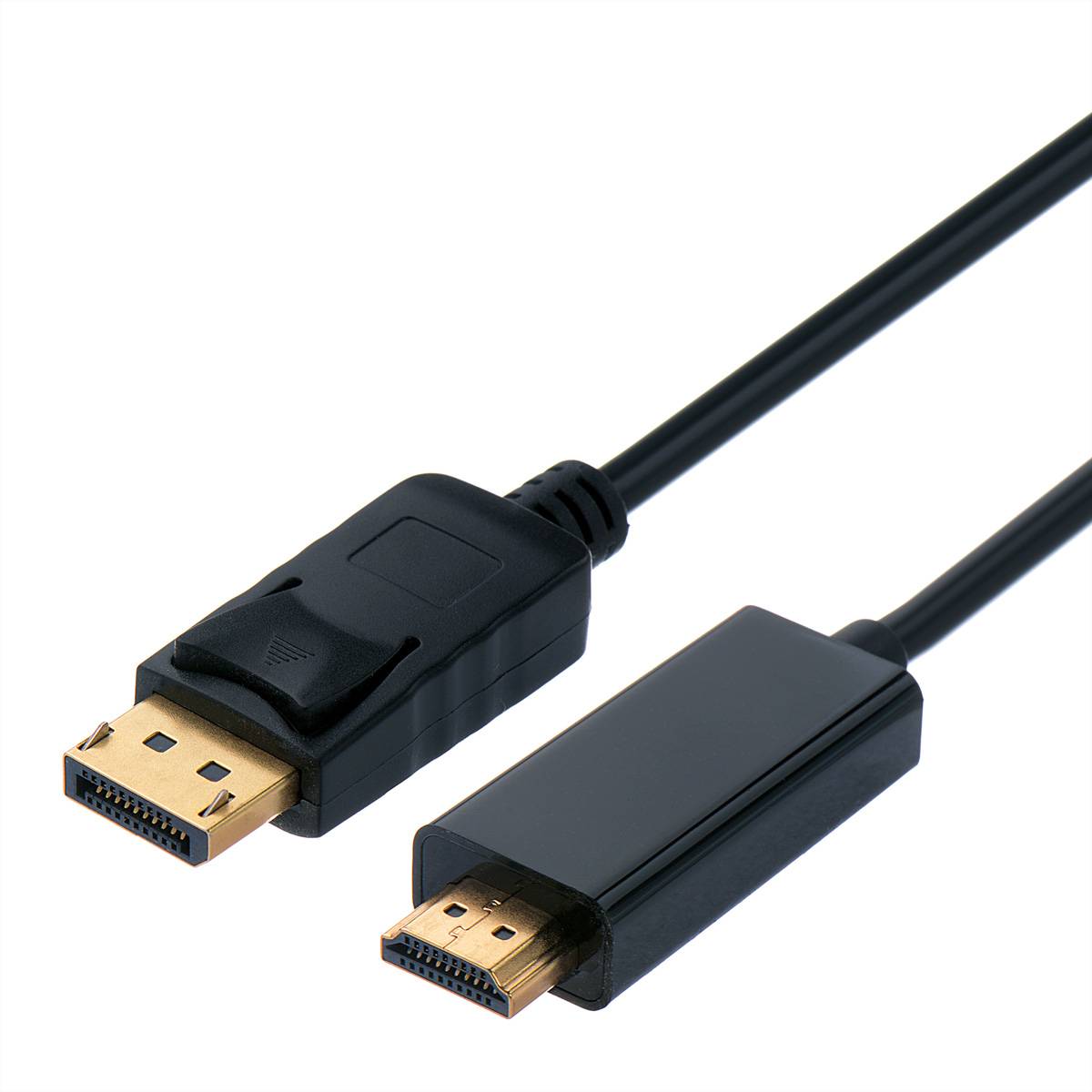 Ein DisplayPort-zu-HDMI-Kabel, das einen männlichen DisplayPort-Anschluss auf der linken Seite und einen männlichen HDMI-Anschluss auf der rechten Seite auf weißem Hintergrund zeigt.