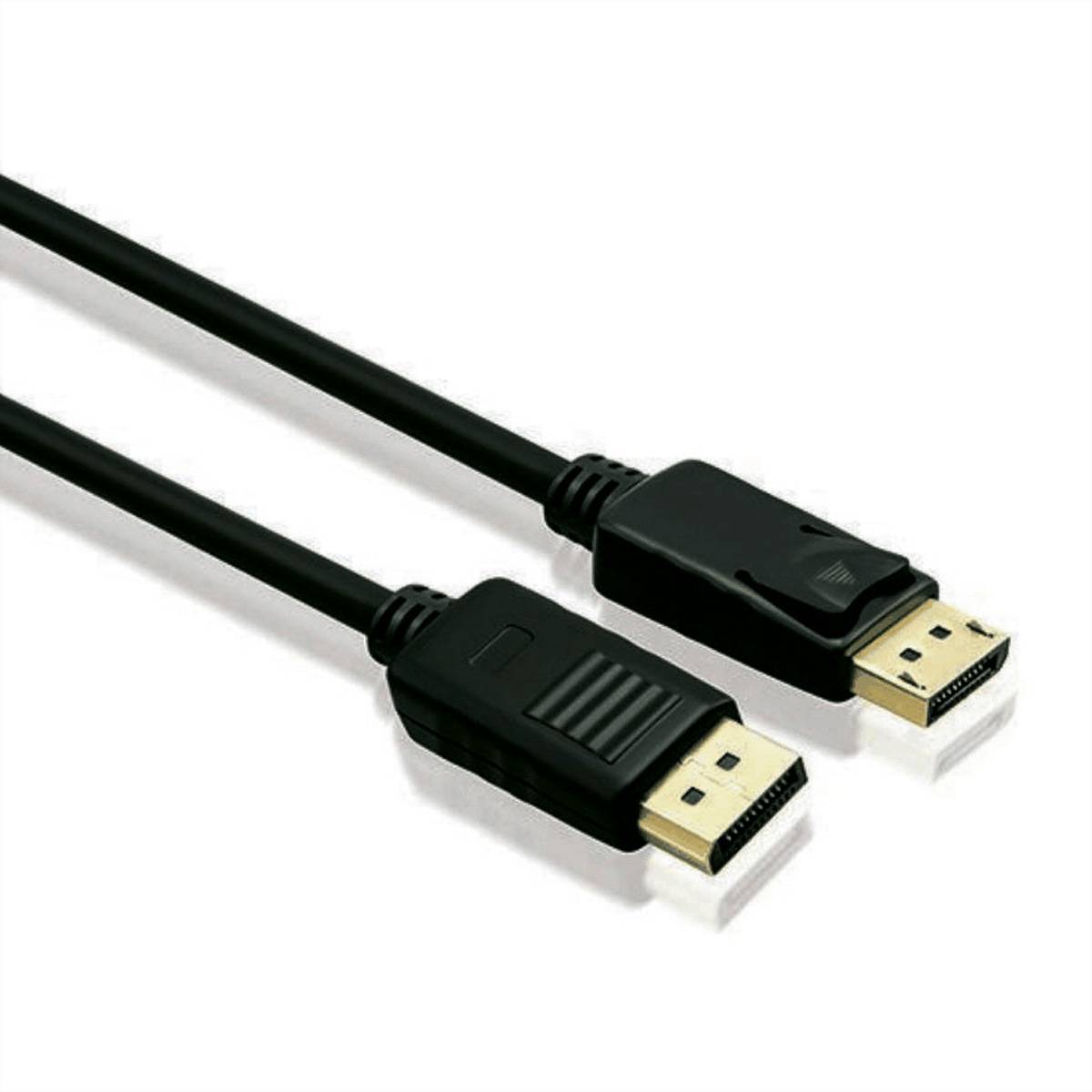 Zwei schwarze DisplayPort-Kabel mit Anschlüssen werden vor einem weißen Hintergrund gezeigt, wodurch kompatible Audio-visuelle Verbindungen veranschaulicht werden.