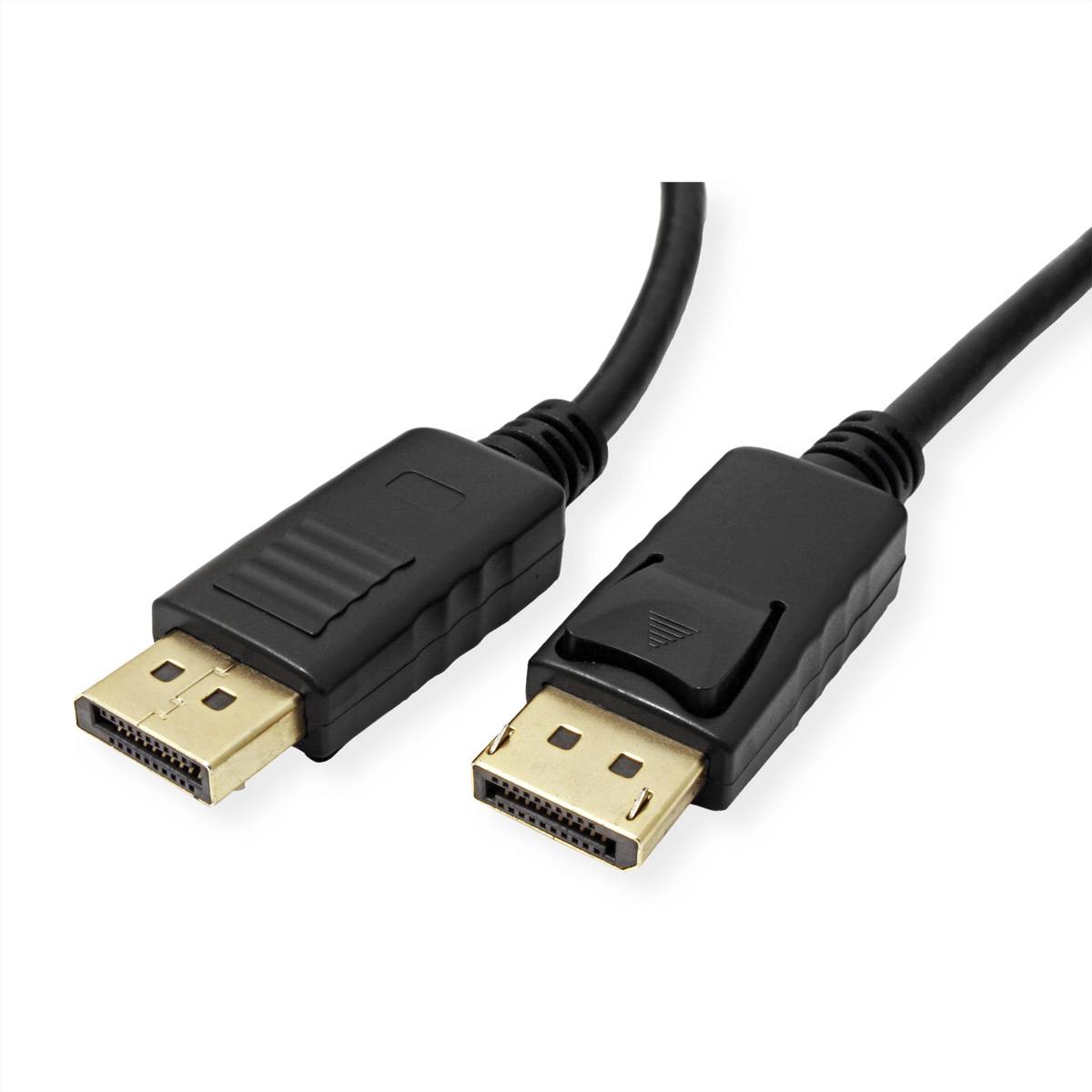 Zwei schwarze DisplayPort-Kabel mit Anschlüssen, die sich gegenüberliegen, verwendet zur Übertragung von Video- und Audiodaten von einem Computer zu einem Display.