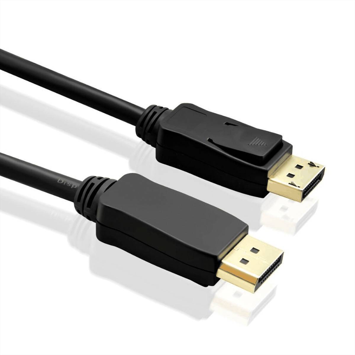 Zwei schwarze DisplayPort-Kabel mit vergoldeten Anschlüssen, nebeneinander auf weißem Hintergrund, die die Anschlüsse in verschiedenen Winkeln zeigen.