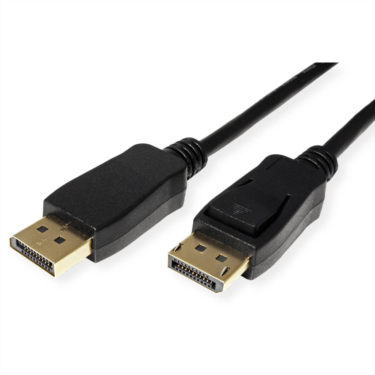 Zwei schwarze DisplayPort-Kabel mit vergoldeten Anschlüssen werden nebeneinander gezeigt, wobei ihre Verbindungsmerkmale hervorgehoben werden.