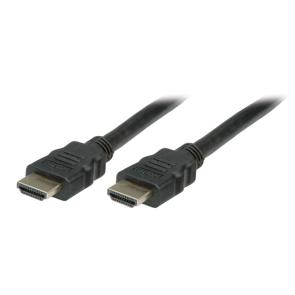 Ein schwarzes HDMI-Kabel mit zwei Anschlüssen, das typischerweise zur Übertragung von hochauflösendem Audio und Video zwischen Geräten verwendet wird.