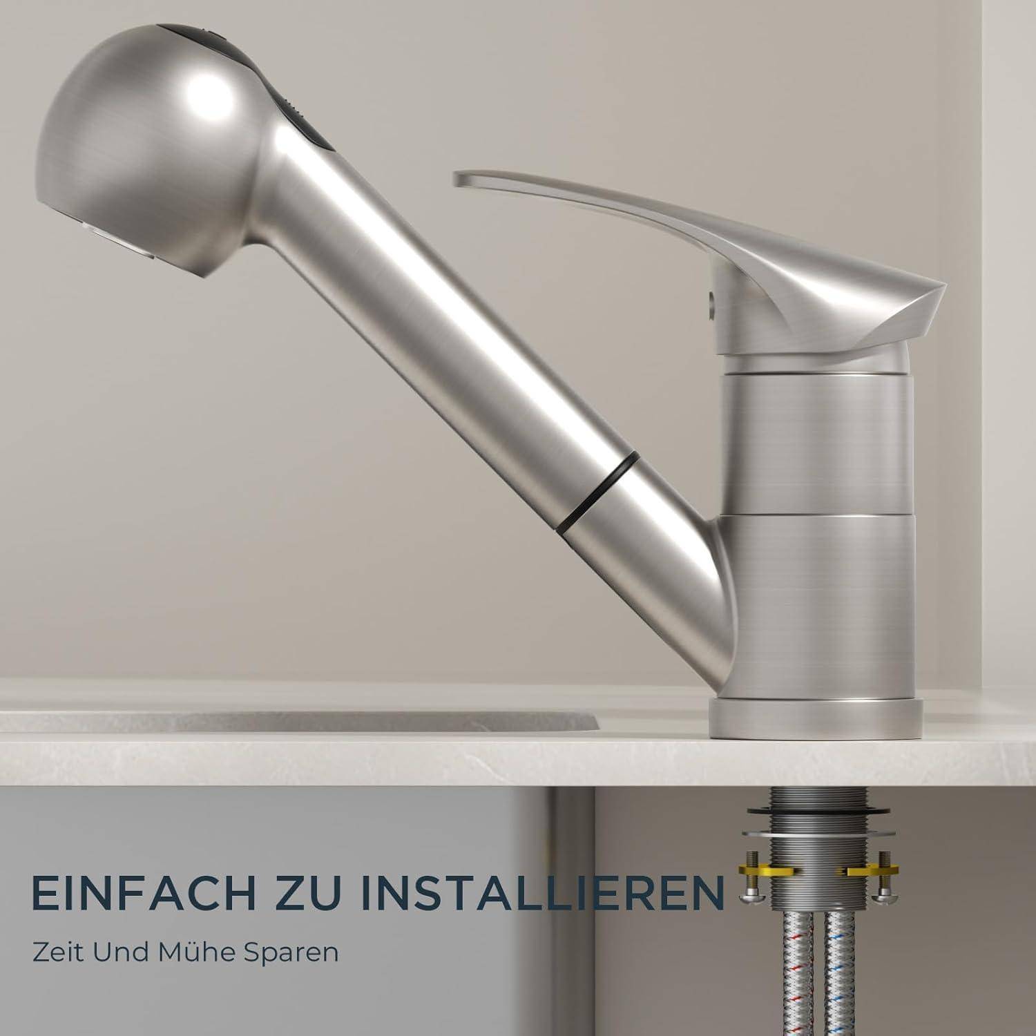 Eine moderne, silberne Küchenarmatur mit Einhebel-Steuerung, entwickelt für eine einfache Installation. Text: 'Einfach zu installieren