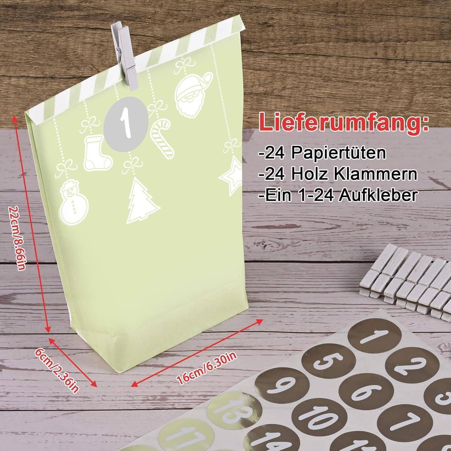 Adventskalender grüne Papierbeutel zum Selbstbefüllen 24 bedruckte