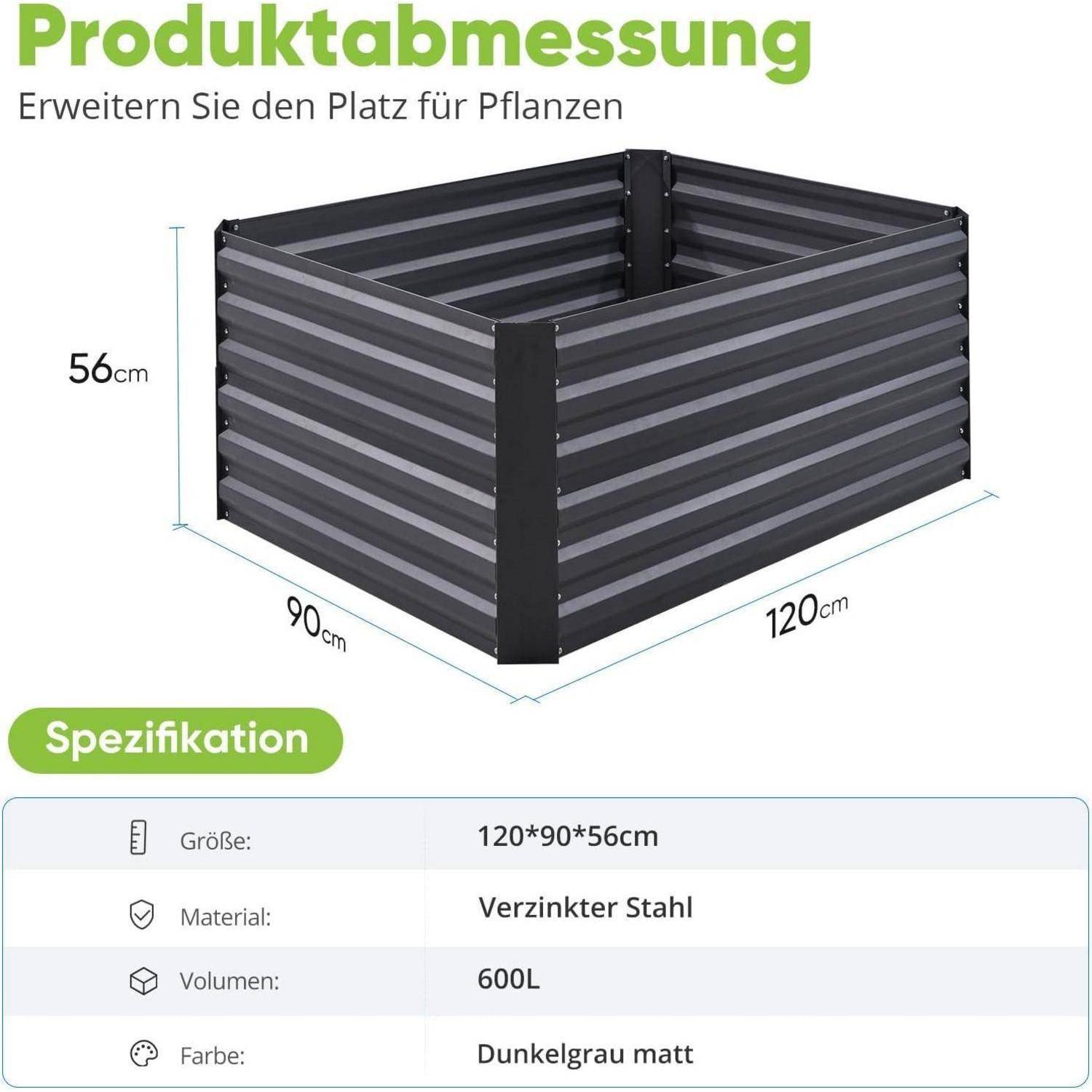 Produktabmessung' zeigt einen Pflanzkasten mit den Abmessungen 120x90x56 cm, einem Volumen von 600 Litern, hergestellt aus verzinktem Stahl in dunkelgrauer Mattfarbe.
