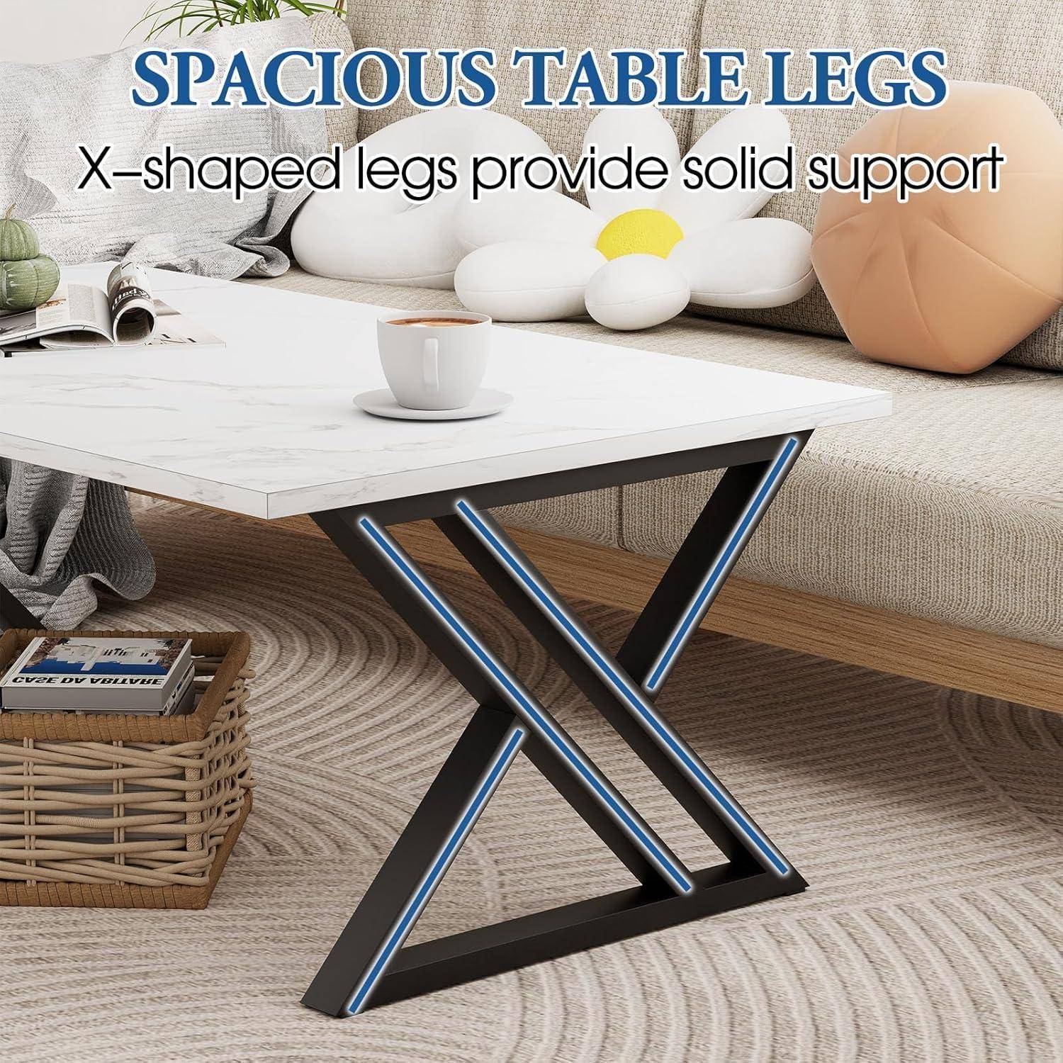 Couchtisch Holz Weiß Schwarz 100x48x55cm Marmor Metallgestell